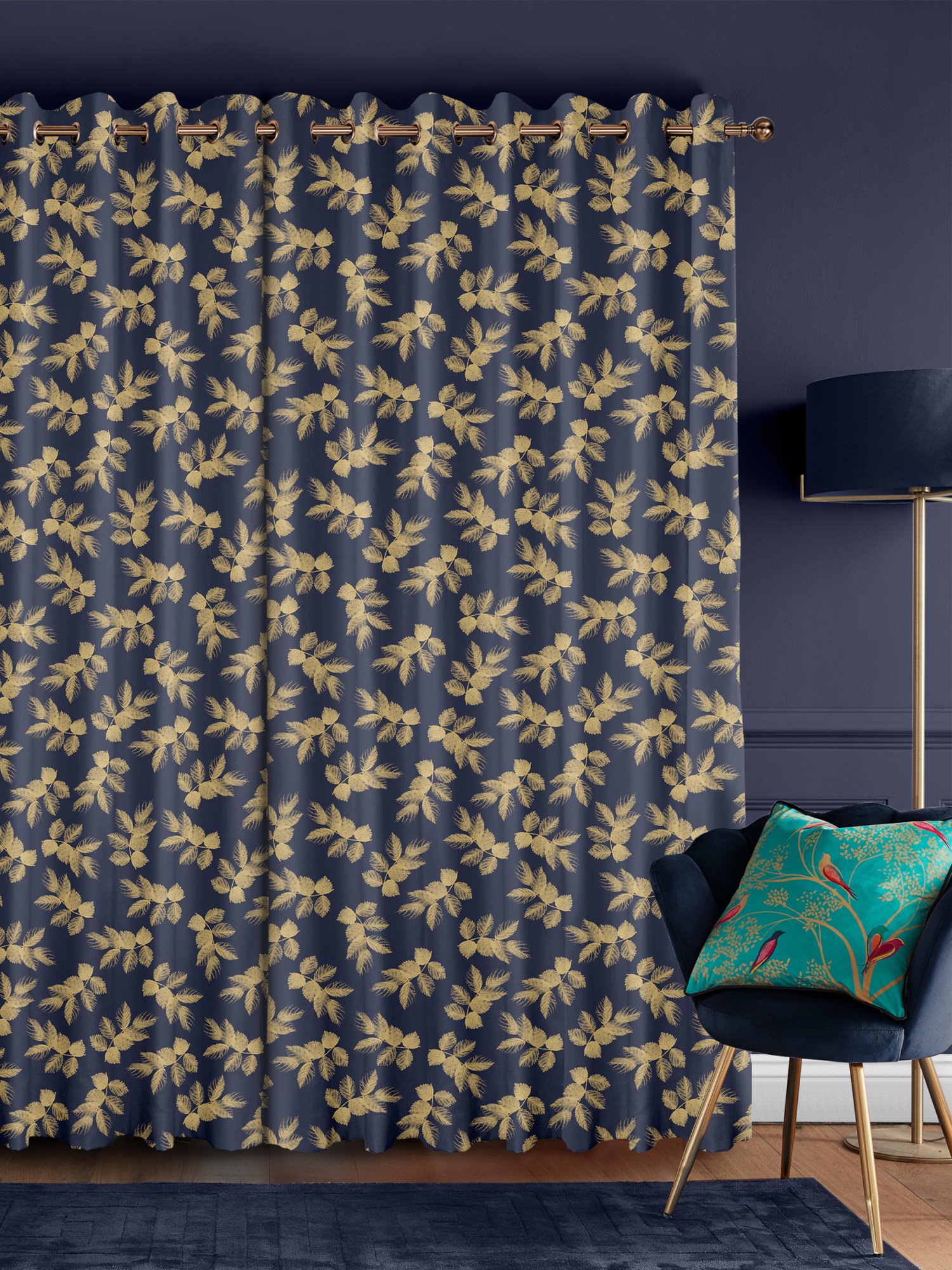 sara miller etched leaves deep navy curtains
