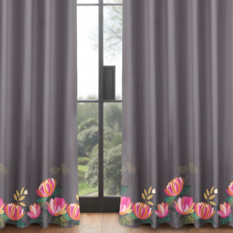 Sara Miller Peony Border Dark Grey Curtains