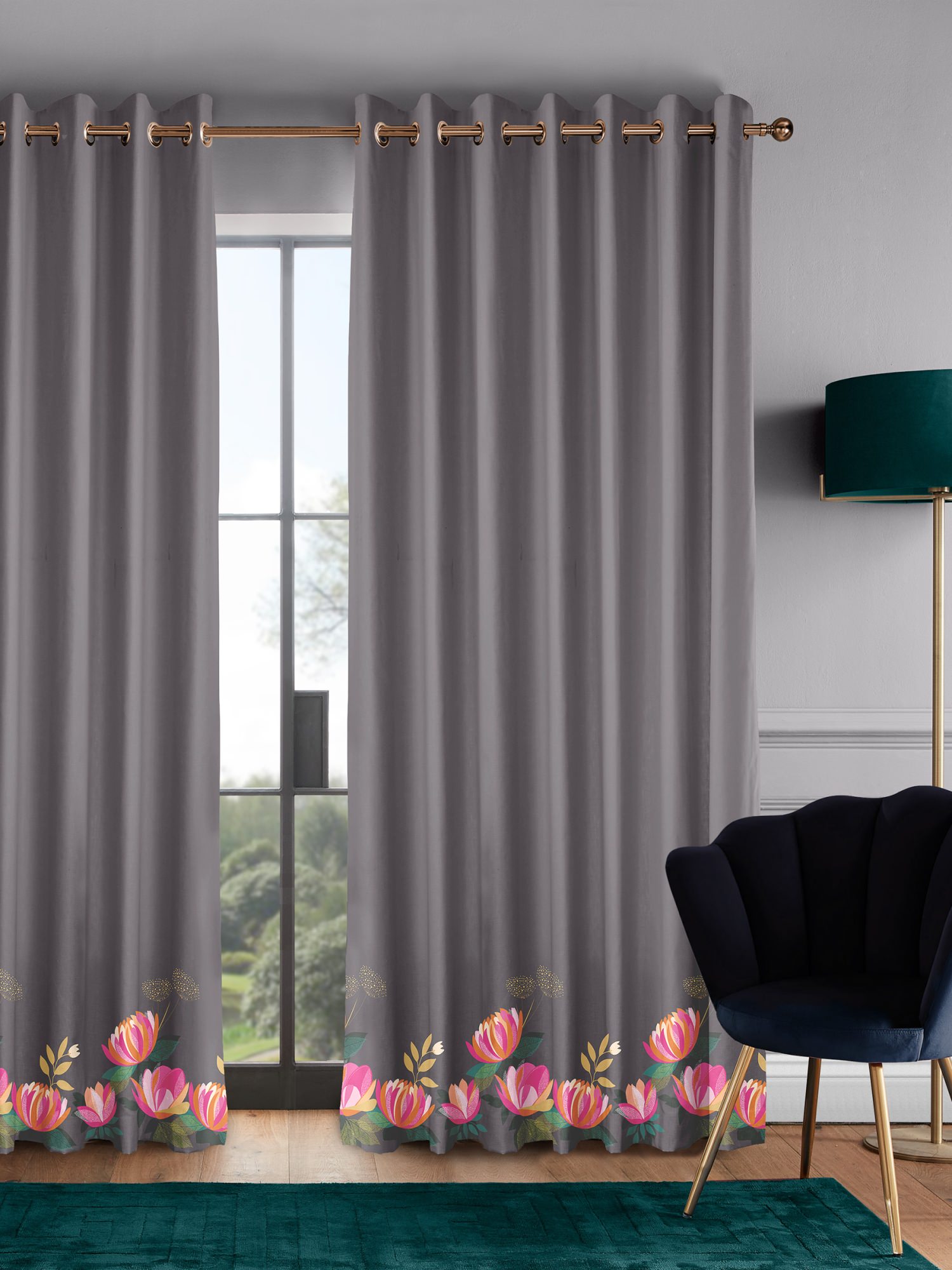 sara miller peony border dark grey curtains