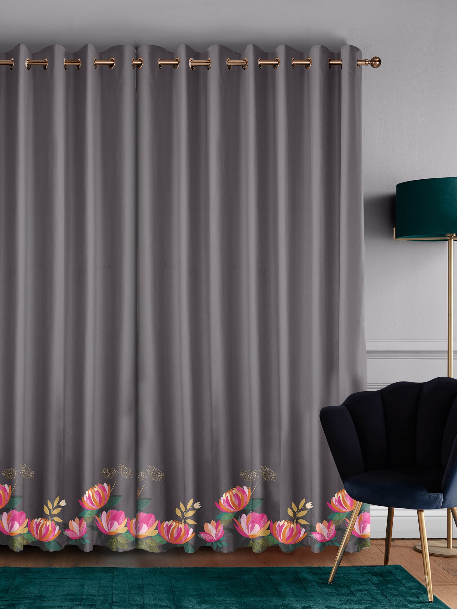 sara miller peony border dark grey curtains