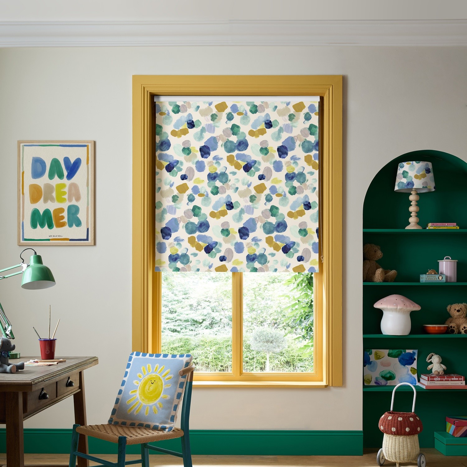 bluebellgrey dreamer cloud blue geometric dimout roller blind
