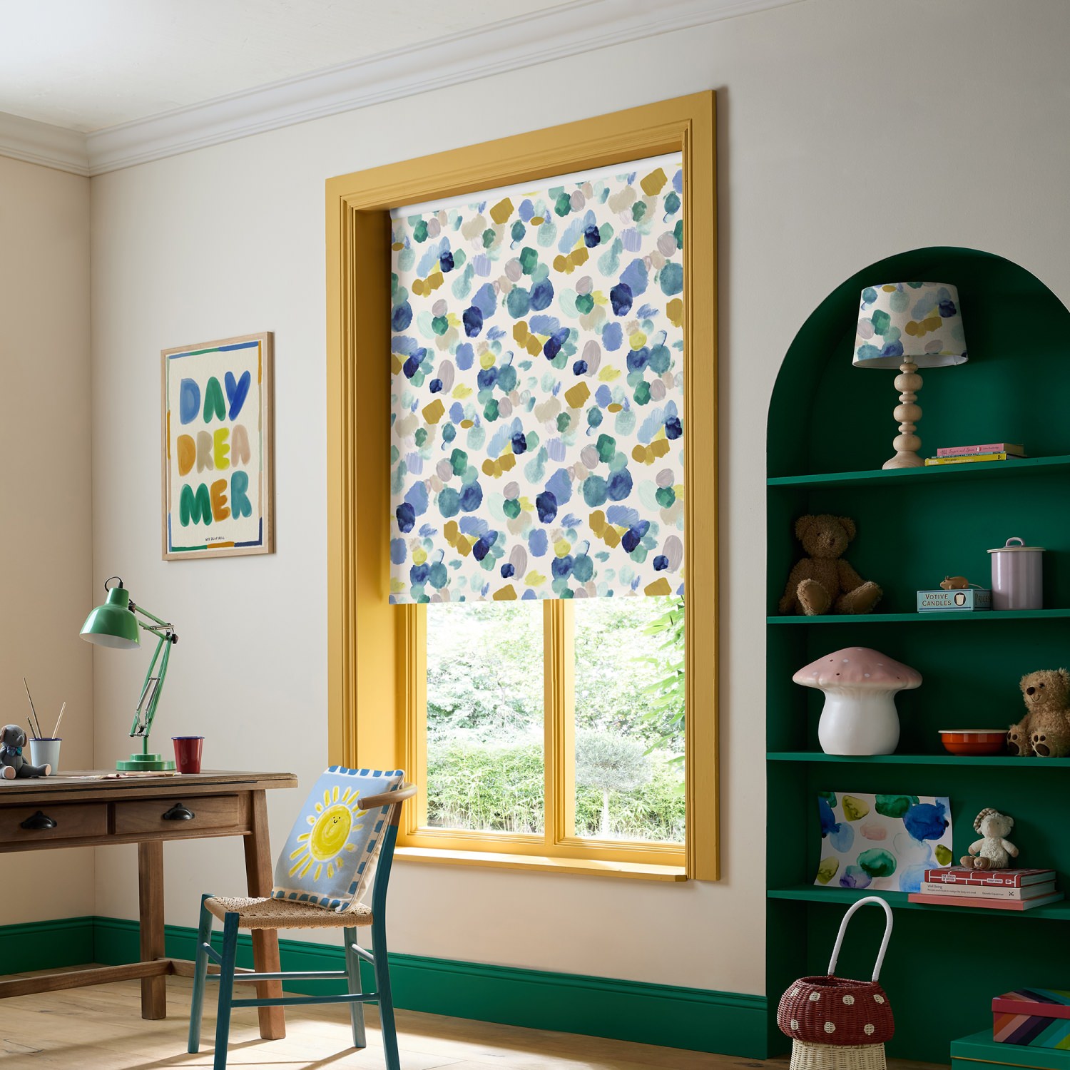 bluebellgrey dreamer cloud blue geometric dimout roller blind