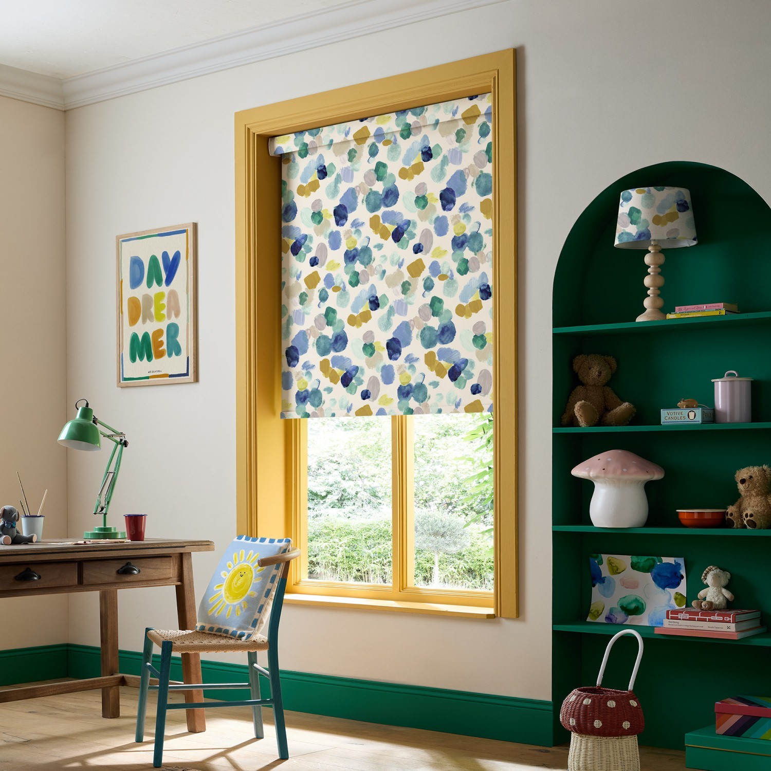 bluebellgrey dreamer cloud blue geometric dimout roller blind