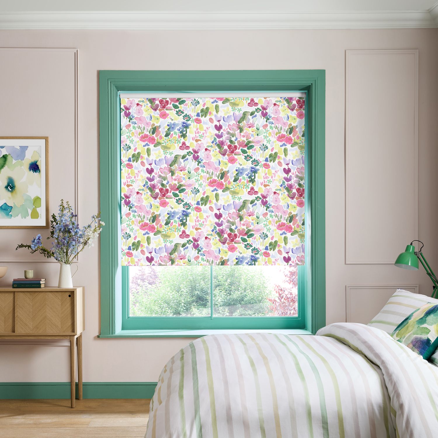 bluebellgrey flora cerise red floral blackout roller blind