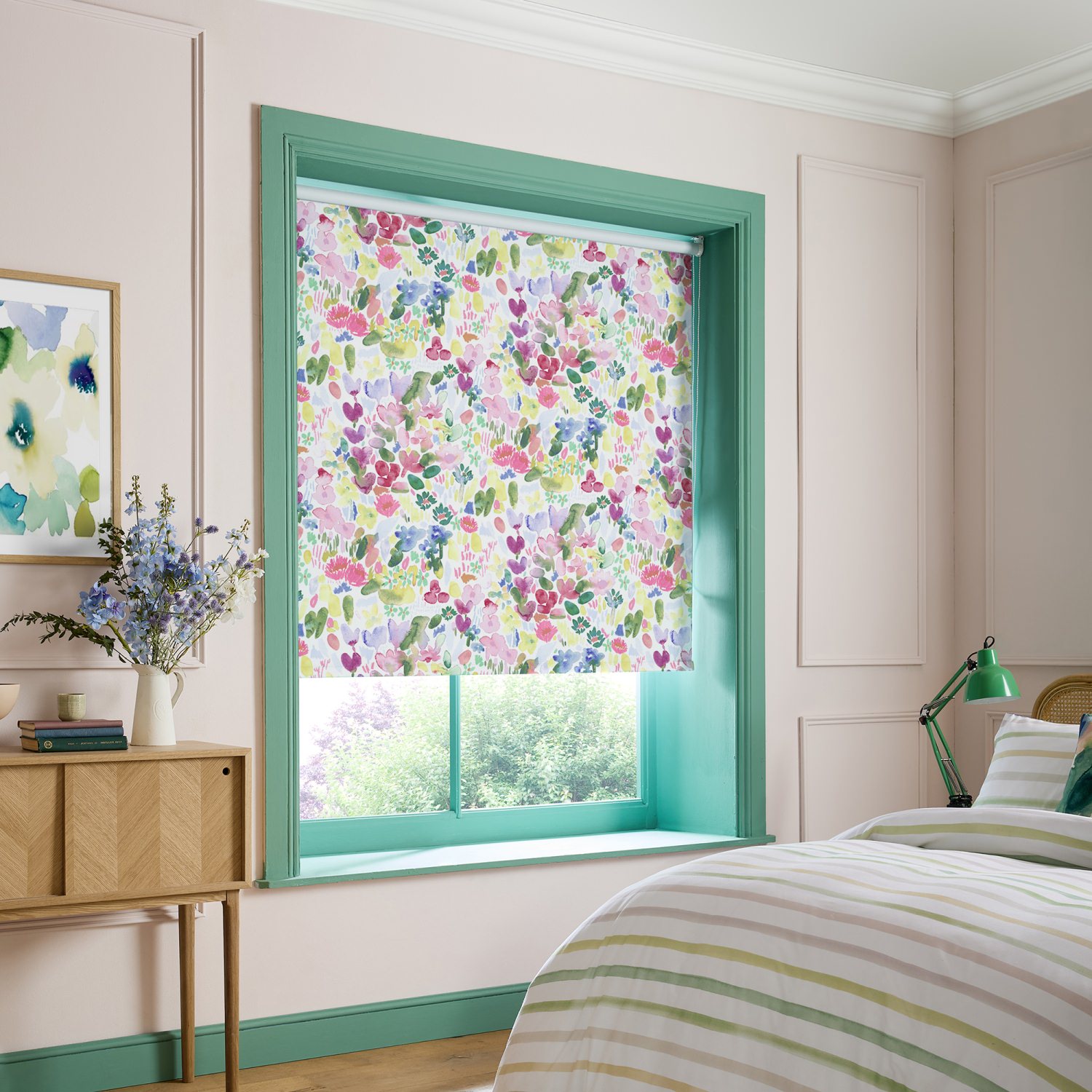bluebellgrey flora cerise red floral blackout roller blind