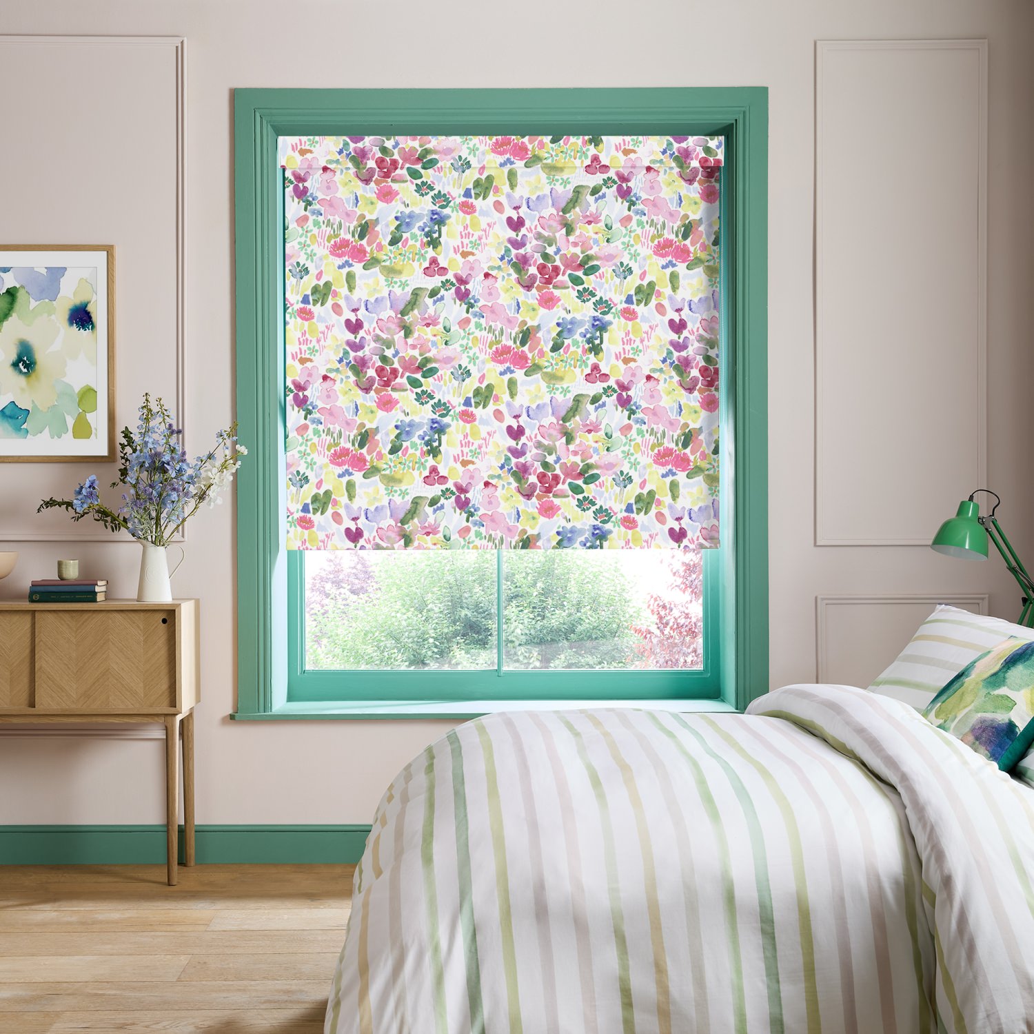 bluebellgrey flora cerise red floral blackout roller blind