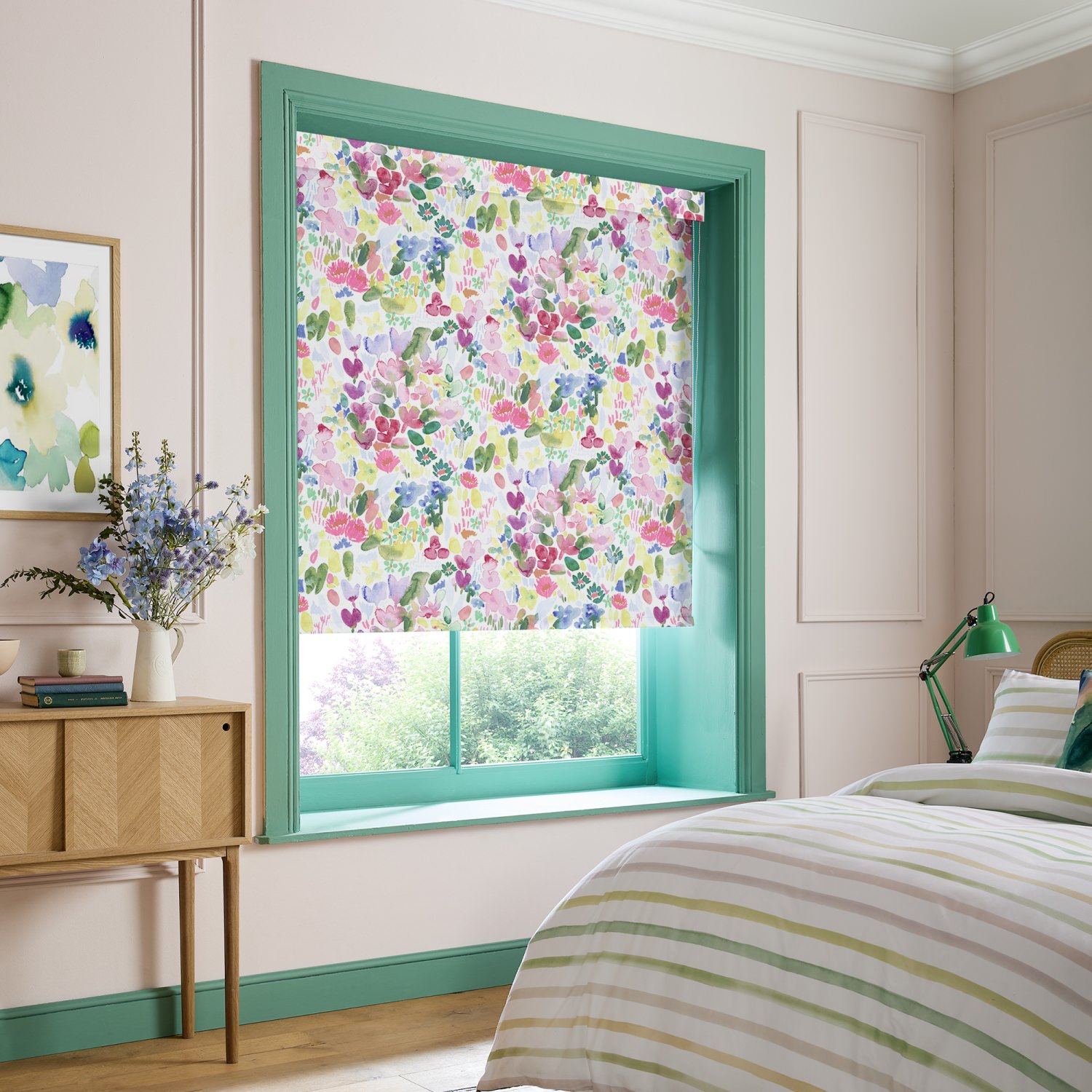 bluebellgrey flora cerise red floral blackout roller blind