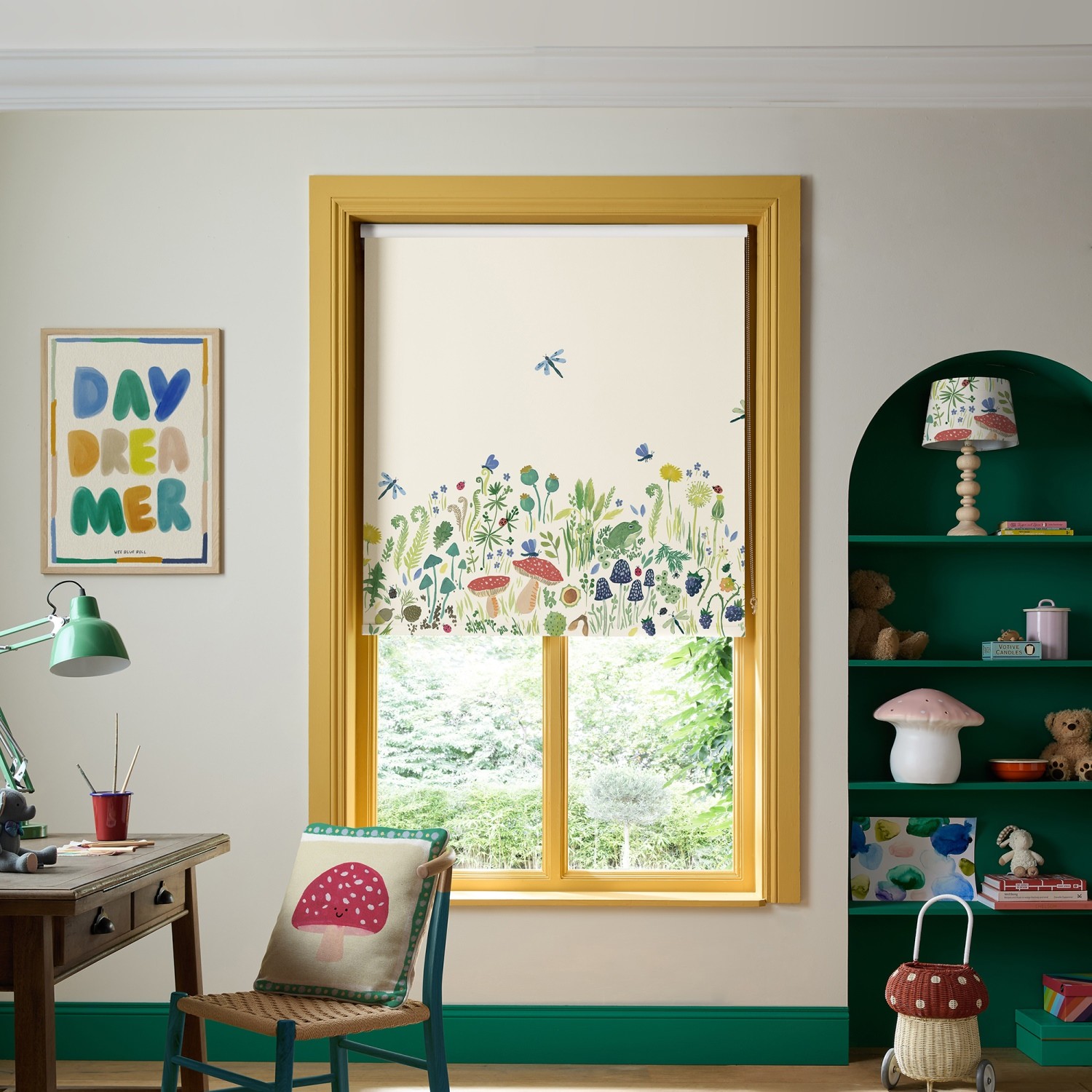 bluebellgrey garden explorer panel spring green floral blackout roller blind