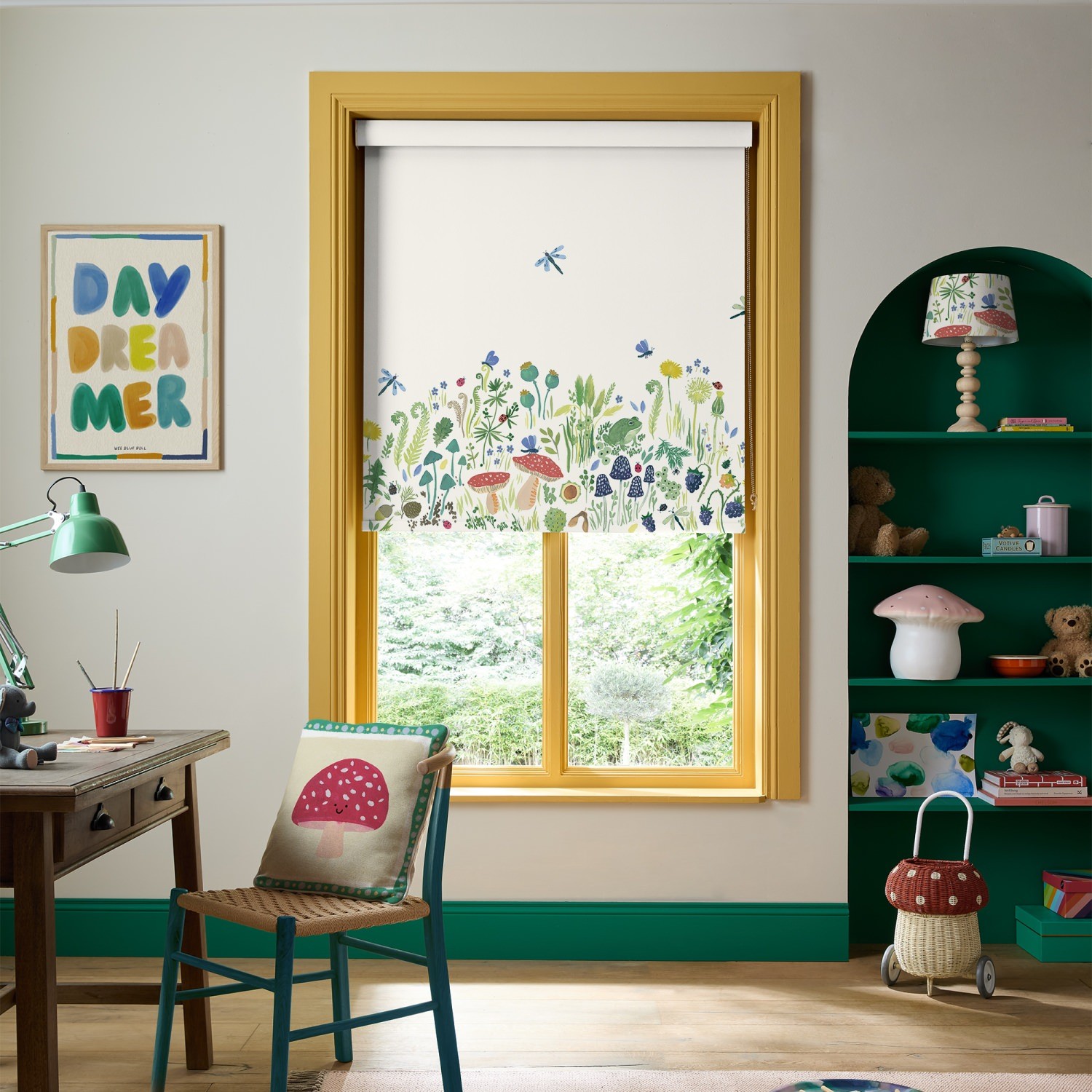 bluebellgrey garden explorer panel spring green floral blackout roller blind