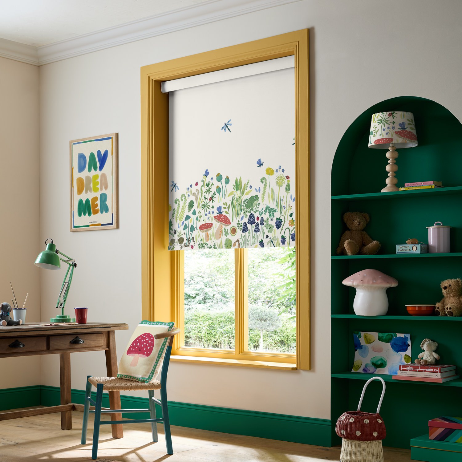 bluebellgrey garden explorer panel spring green floral blackout roller blind