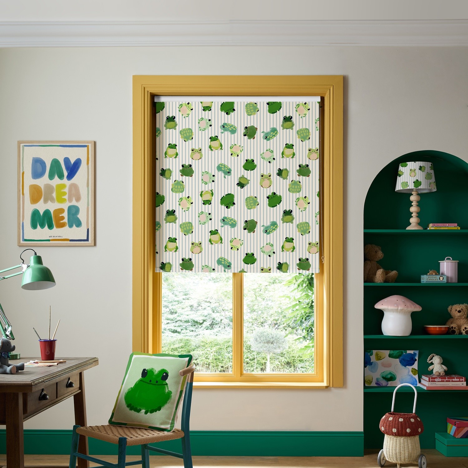 bluebellgrey little frogs pond green animals dimout roller blind