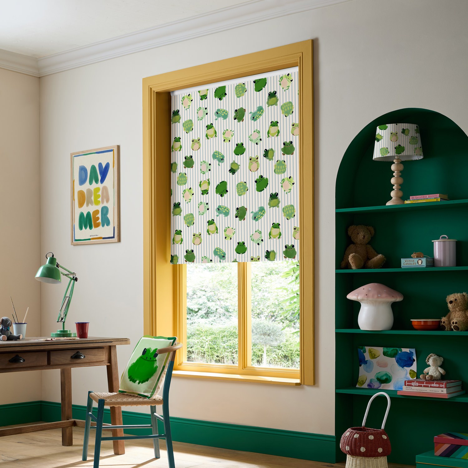 bluebellgrey little frogs pond green animals dimout roller blind