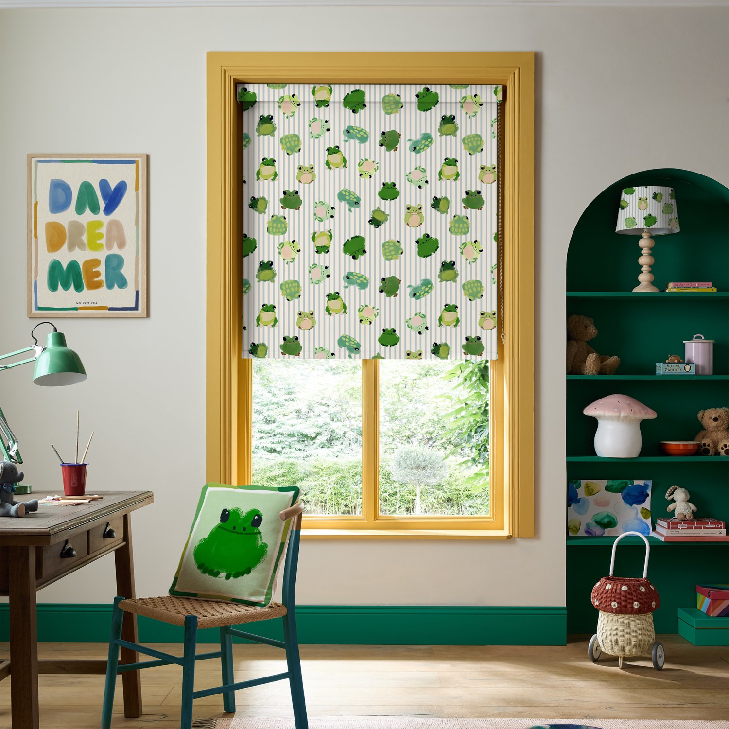 bluebellgrey little frogs pond green animals dimout roller blind