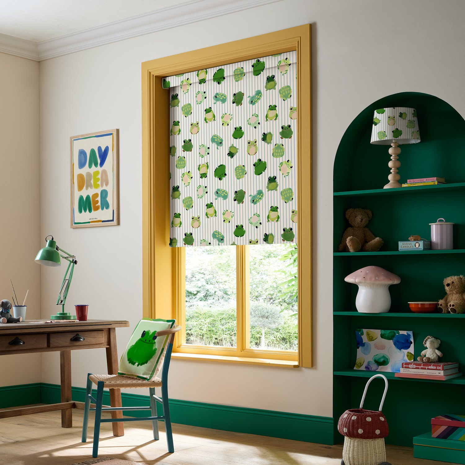 bluebellgrey little frogs pond green animals dimout roller blind