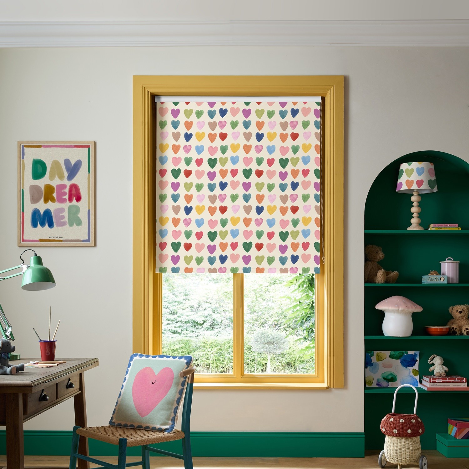 bluebellgrey love hearts yellow kids blackout roller blind