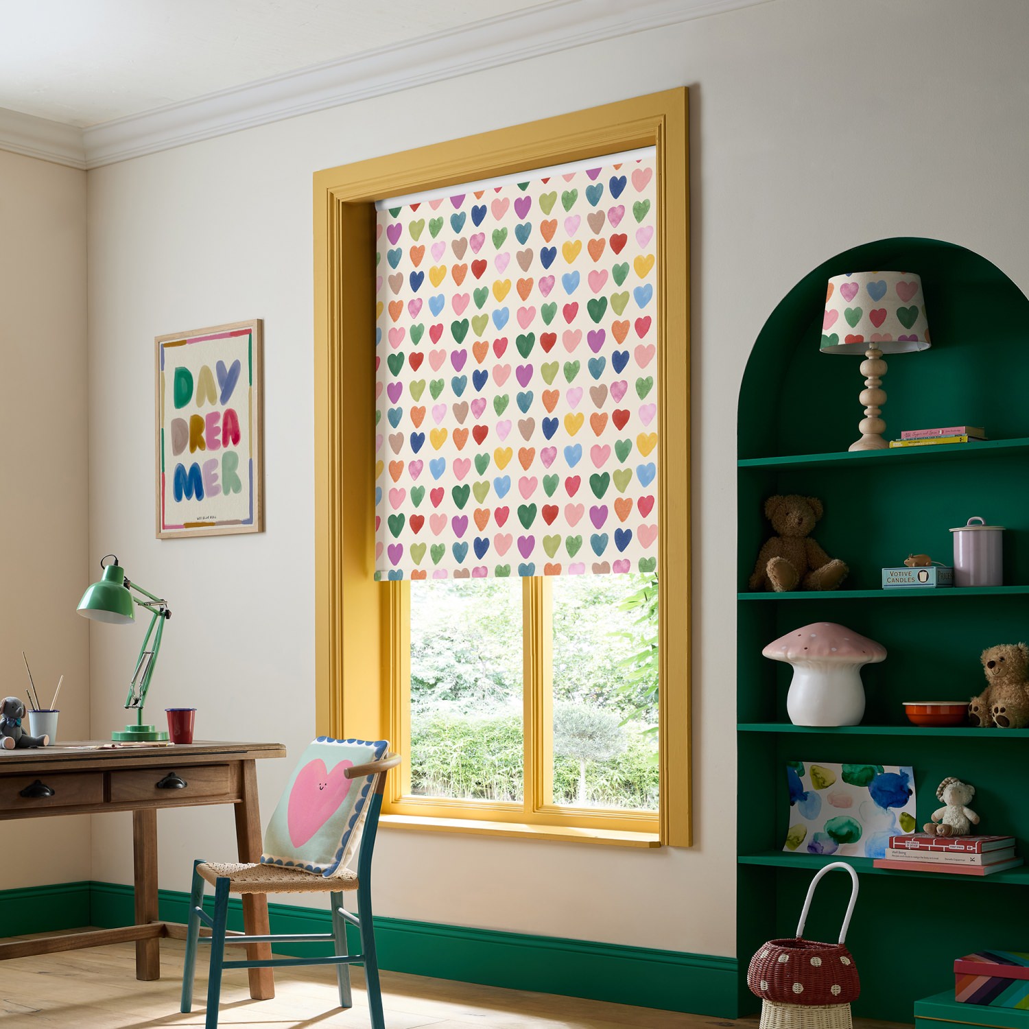 bluebellgrey love hearts yellow kids blackout roller blind