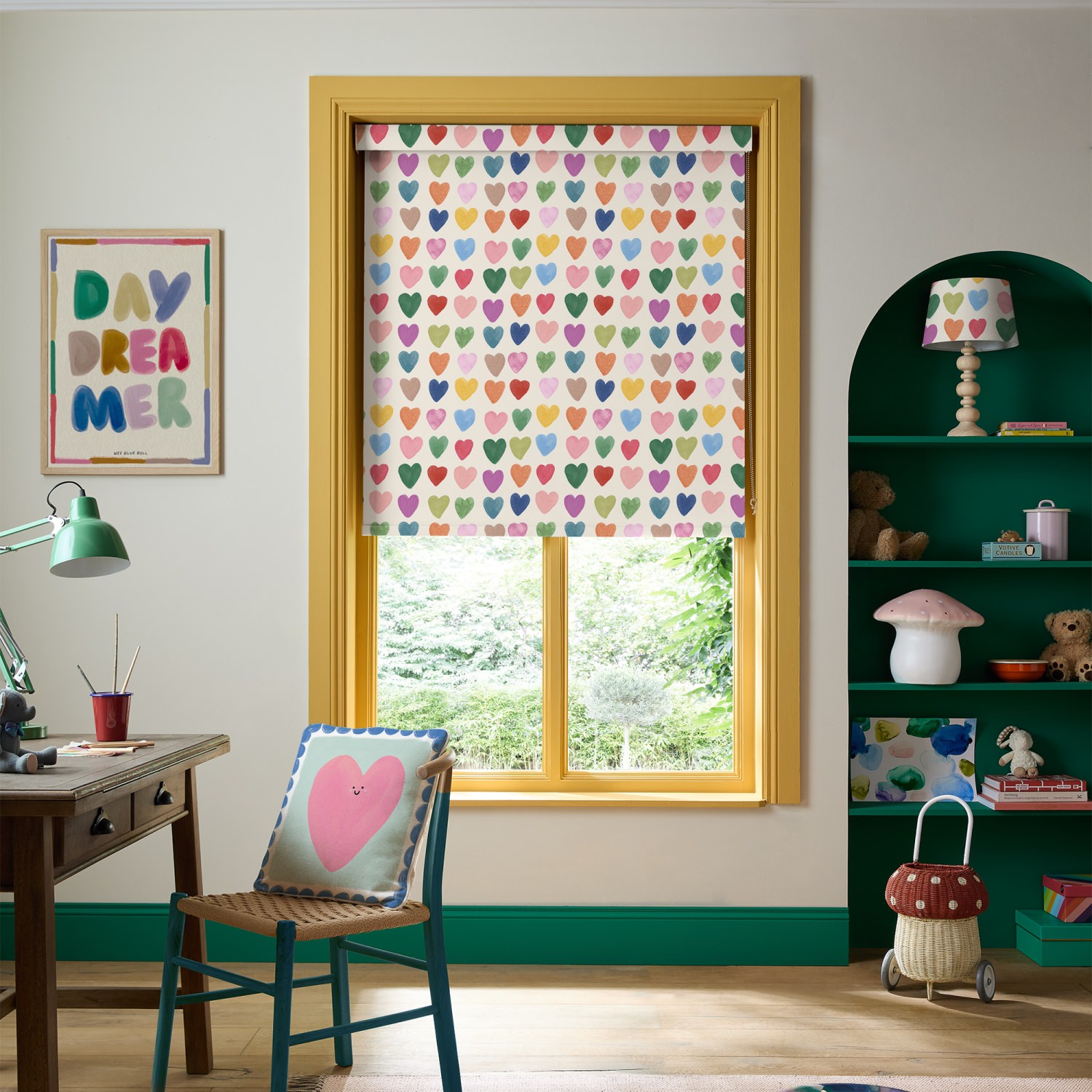 bluebellgrey love hearts yellow kids blackout roller blind