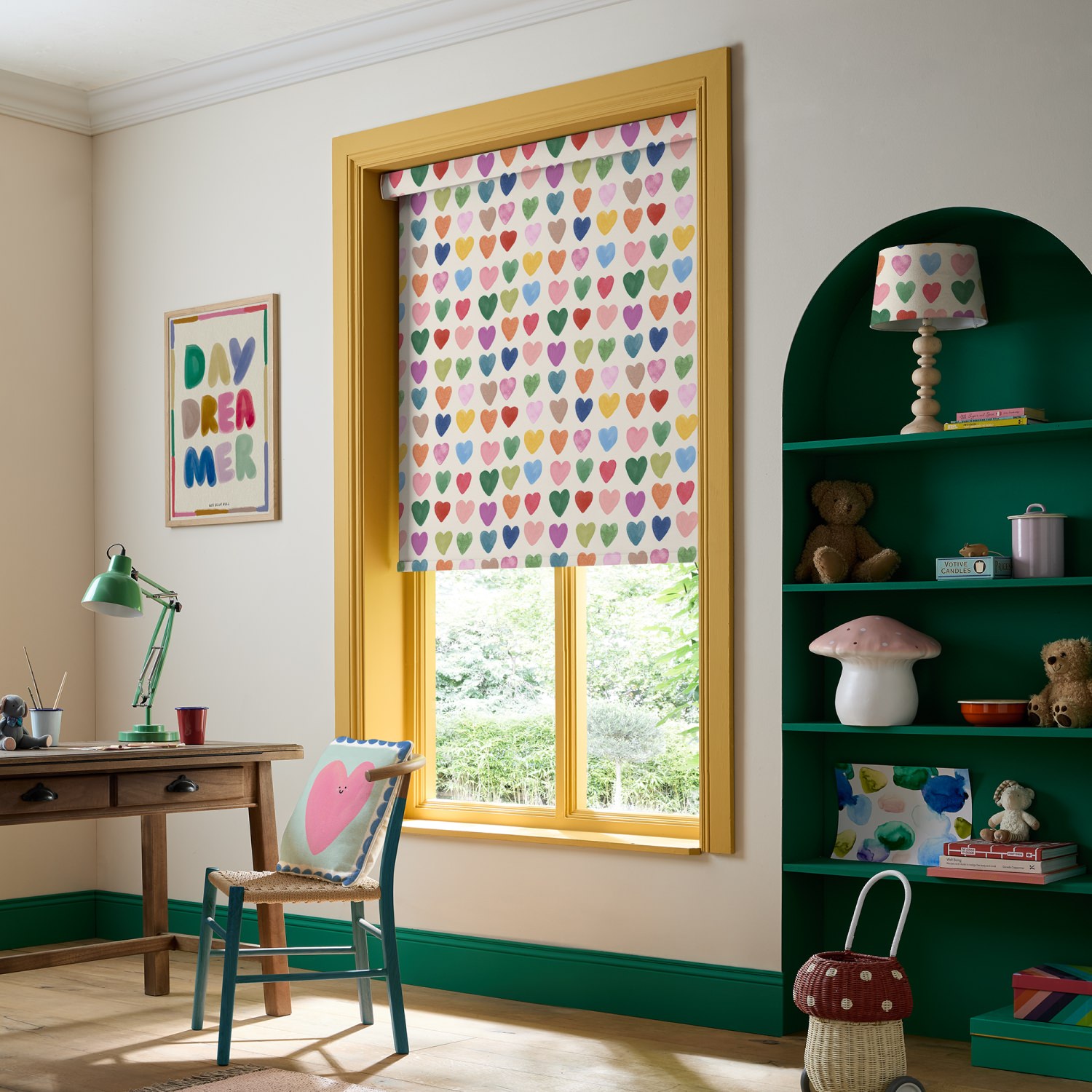 bluebellgrey love hearts yellow kids blackout roller blind