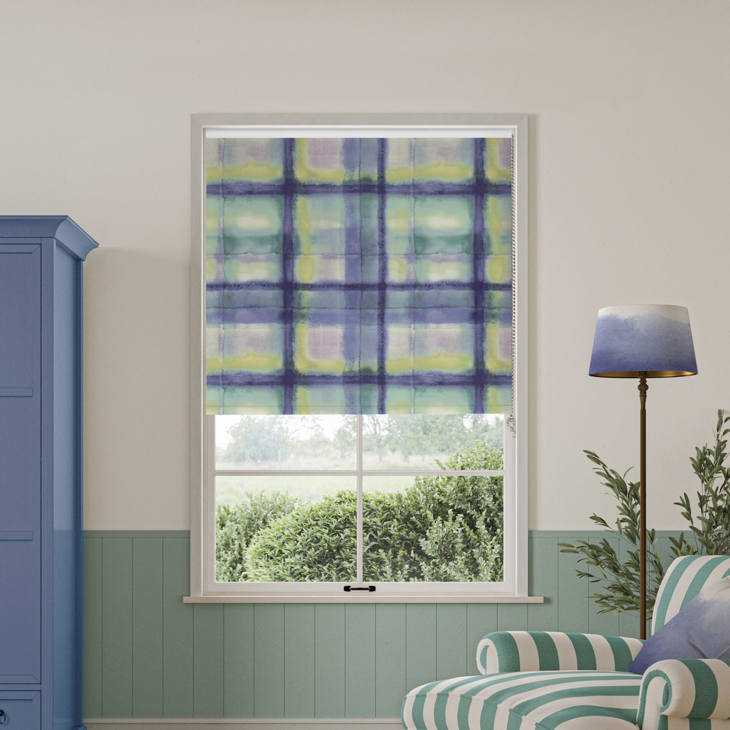 bluebellgrey tartan heather purple check blackout roller blind