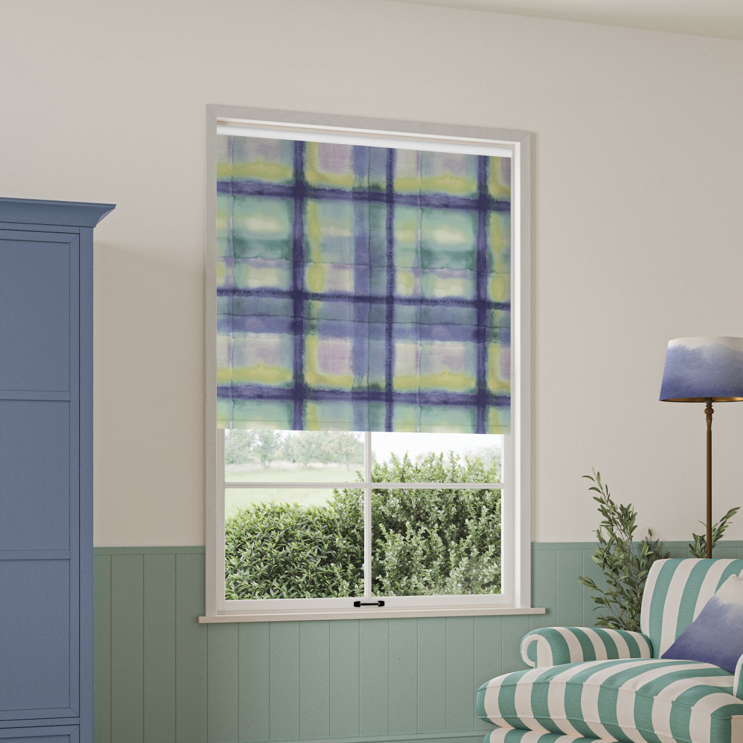 bluebellgrey tartan heather purple check blackout roller blind