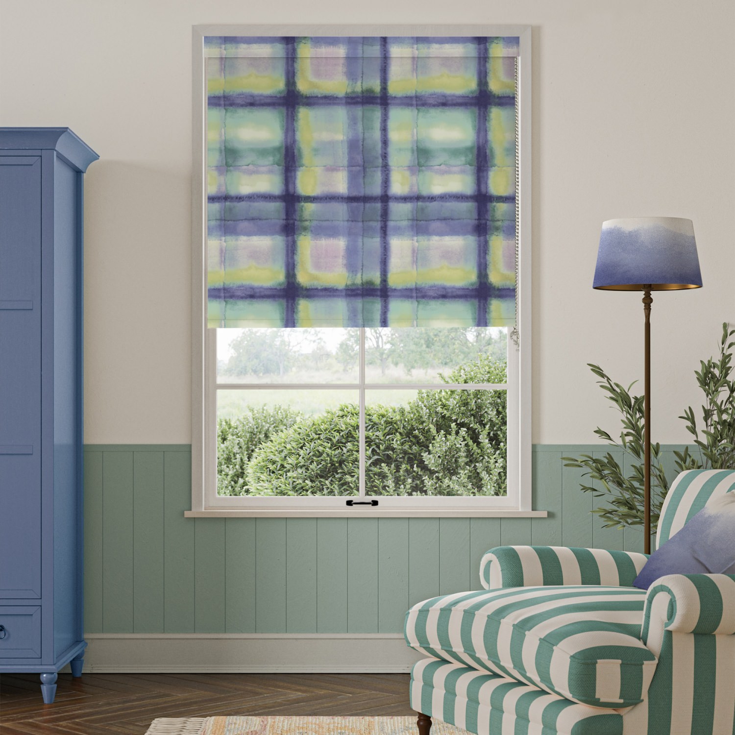 bluebellgrey tartan heather purple check blackout roller blind