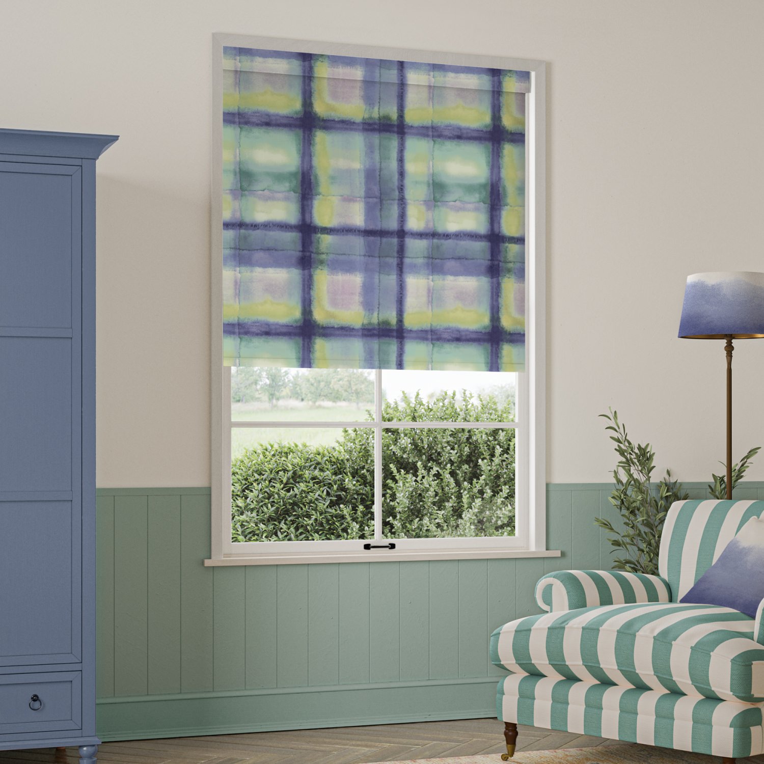 bluebellgrey tartan heather purple check blackout roller blind