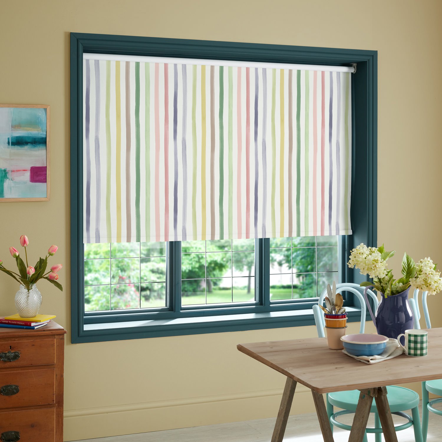bluebellgrey watercolour stripe tetbury yellow stripes blackout roller blind