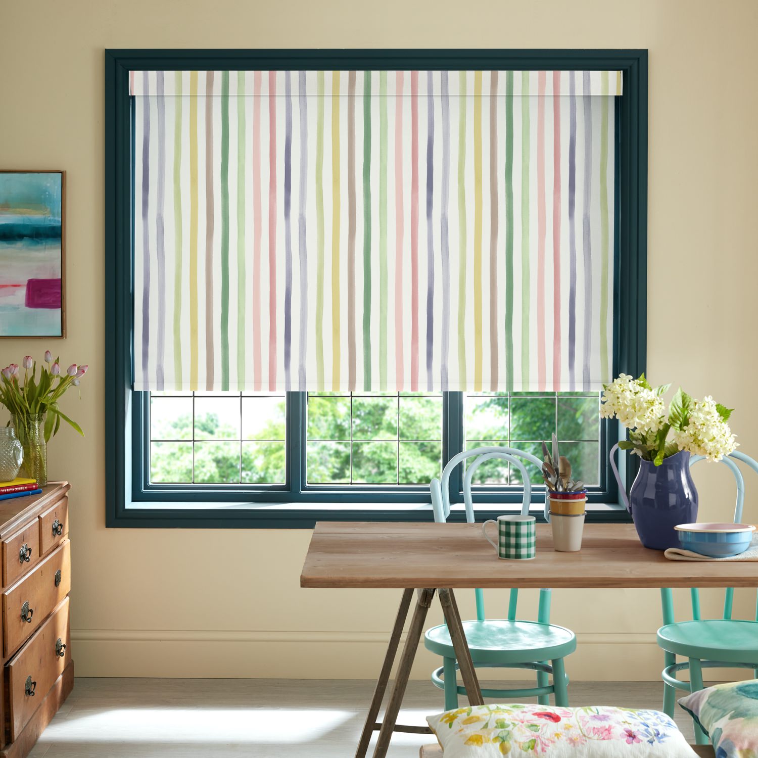 bluebellgrey watercolour stripe tetbury yellow stripes blackout roller blind