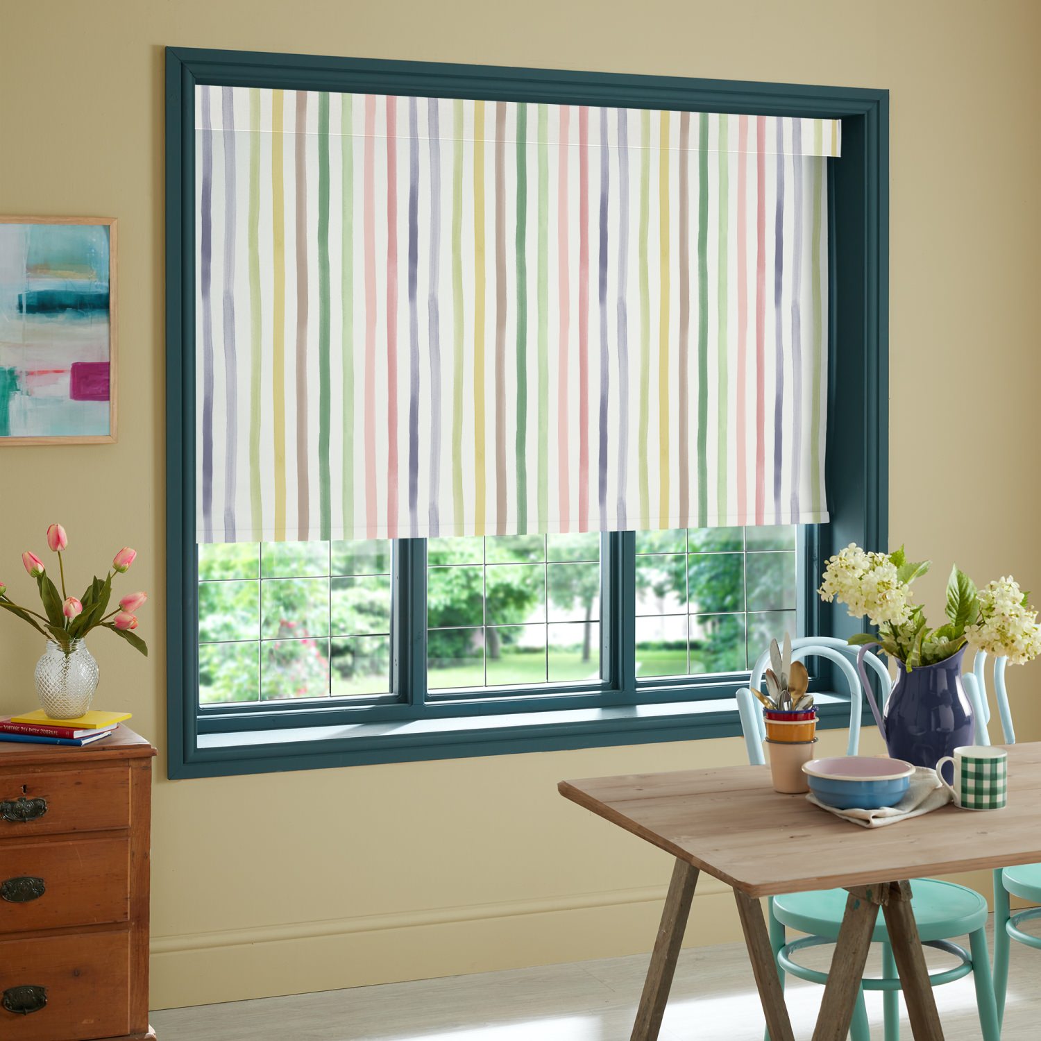 bluebellgrey watercolour stripe tetbury yellow stripes blackout roller blind