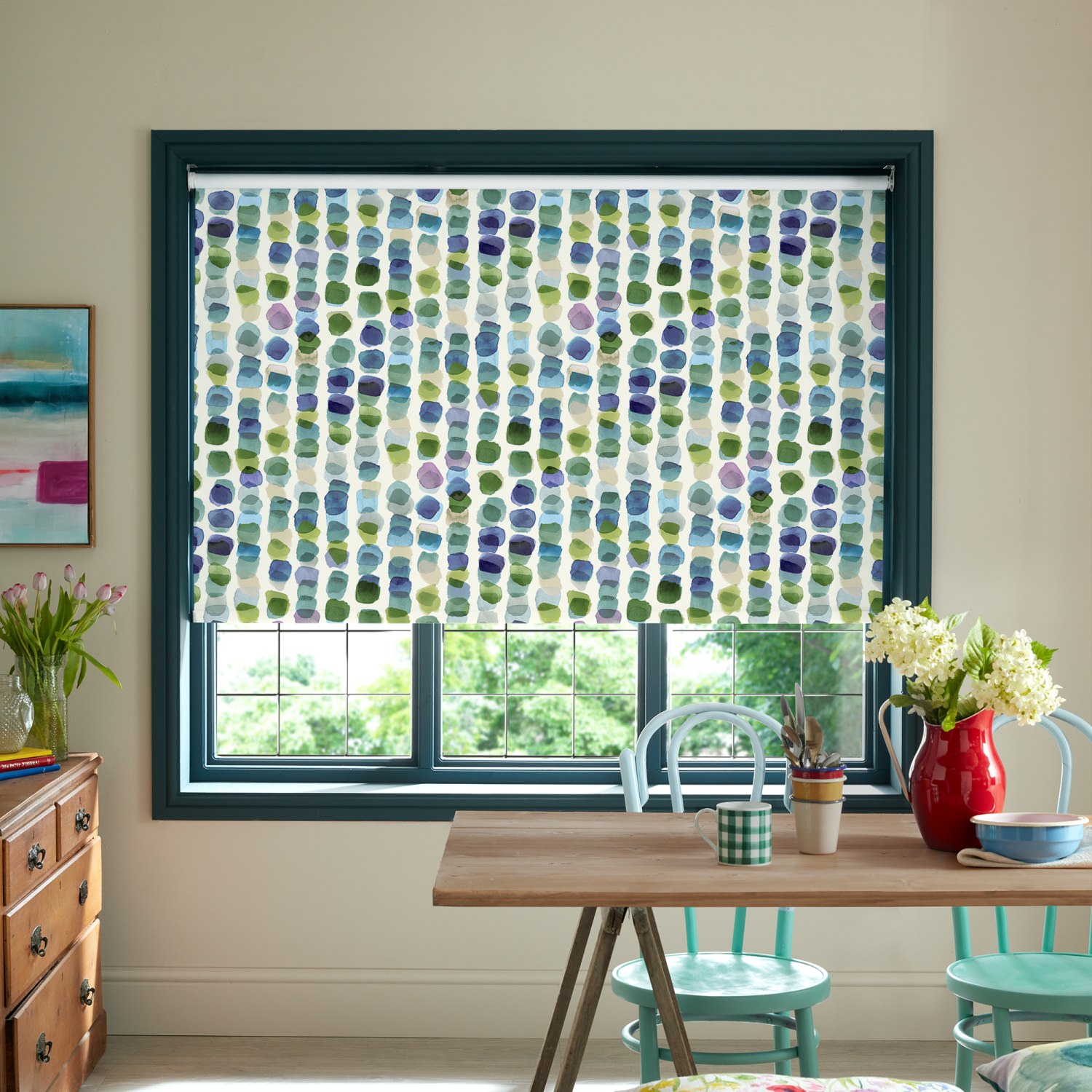 bluebellgrey tobermory bay purple geometric dimout roller blind