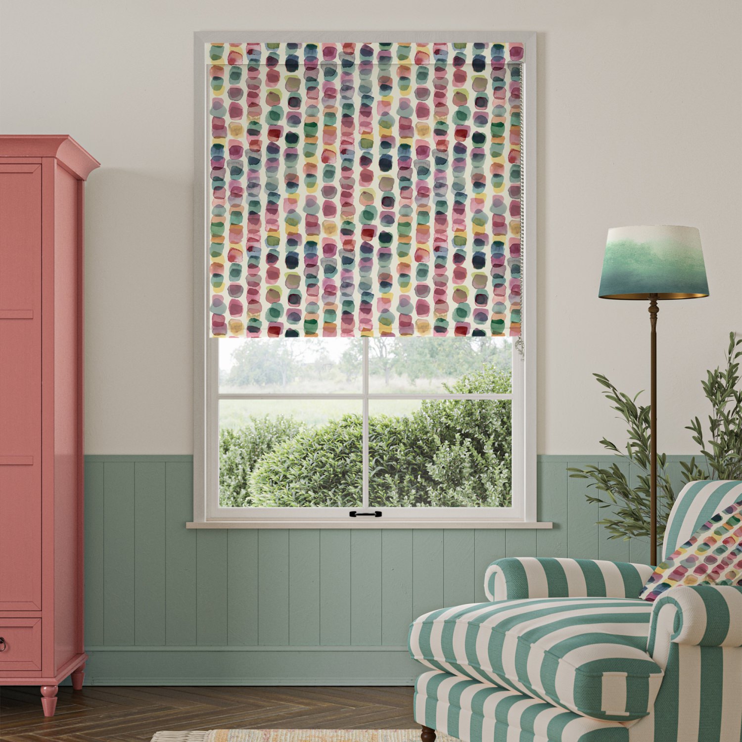bluebellgrey tobermory green geometric blackout roller blind