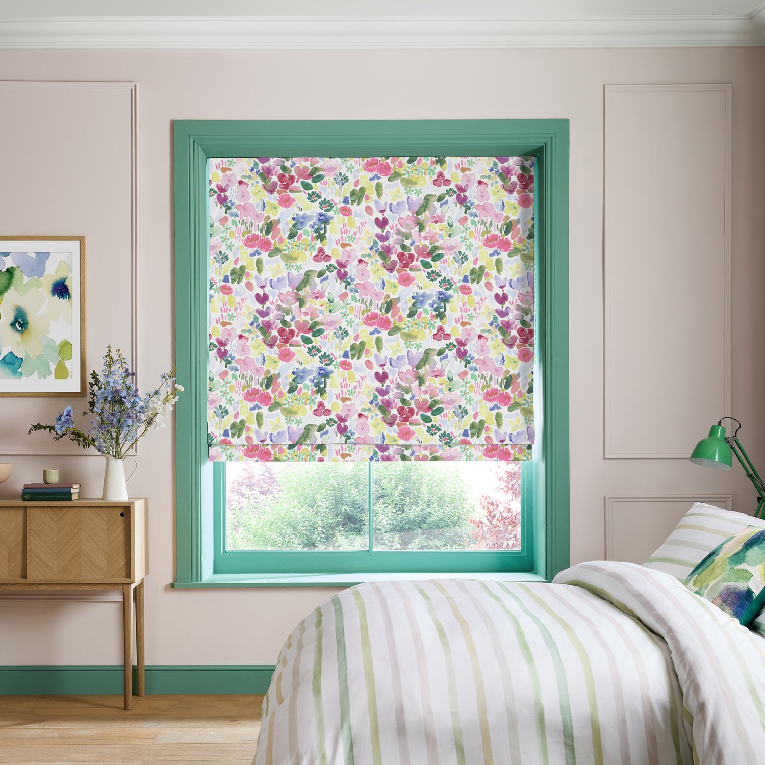 bluebellgrey flora cerise red floral roman blind