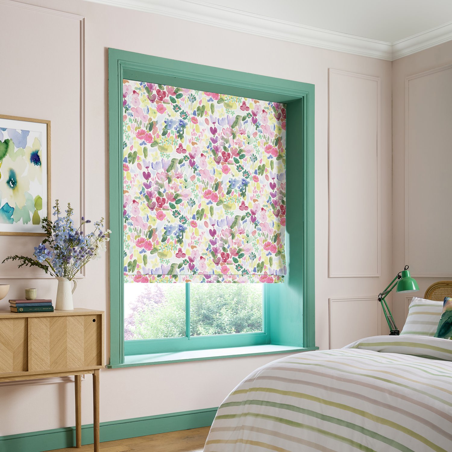 bluebellgrey flora cerise red floral roman blind
