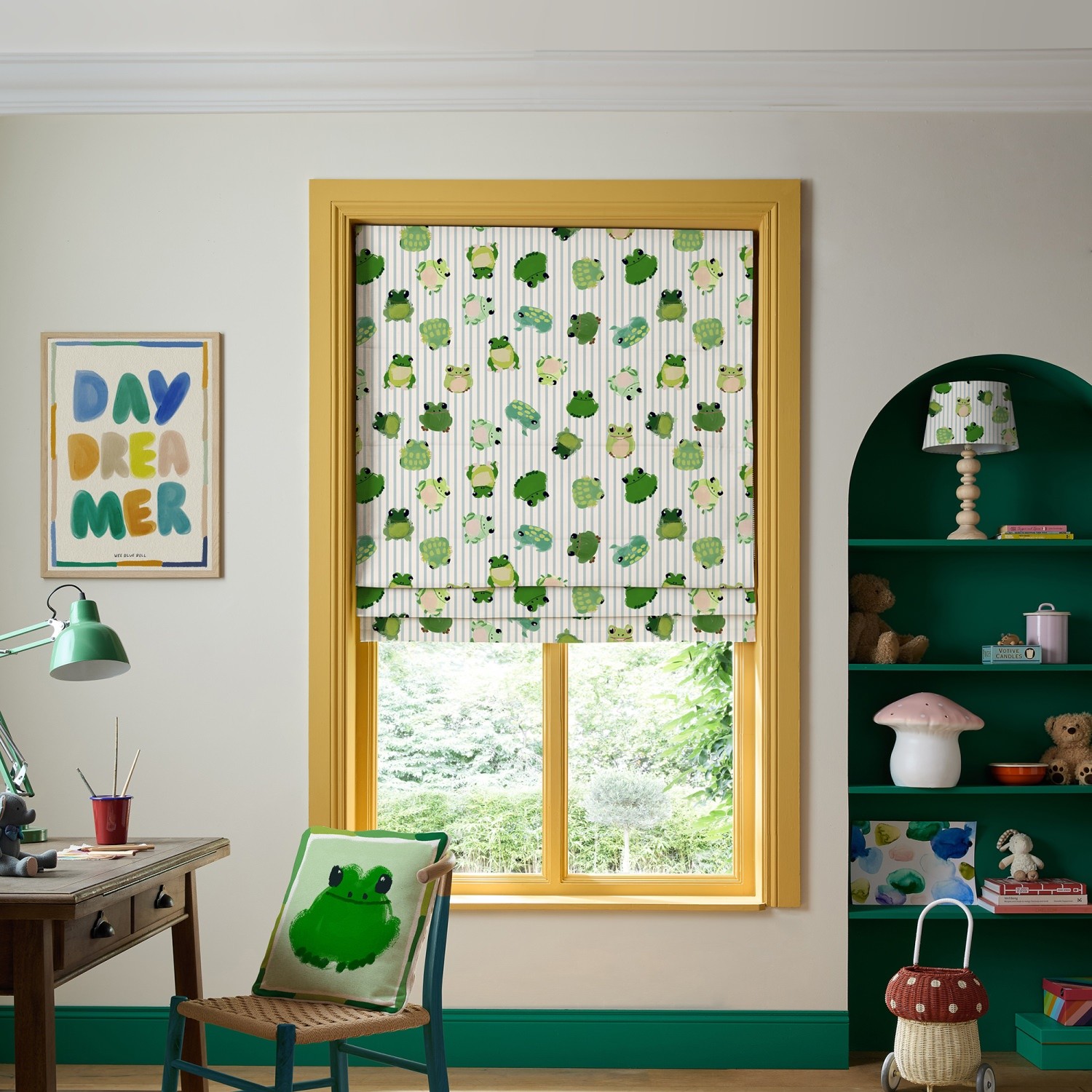 bluebellgrey little frogs pond green animals roman blind