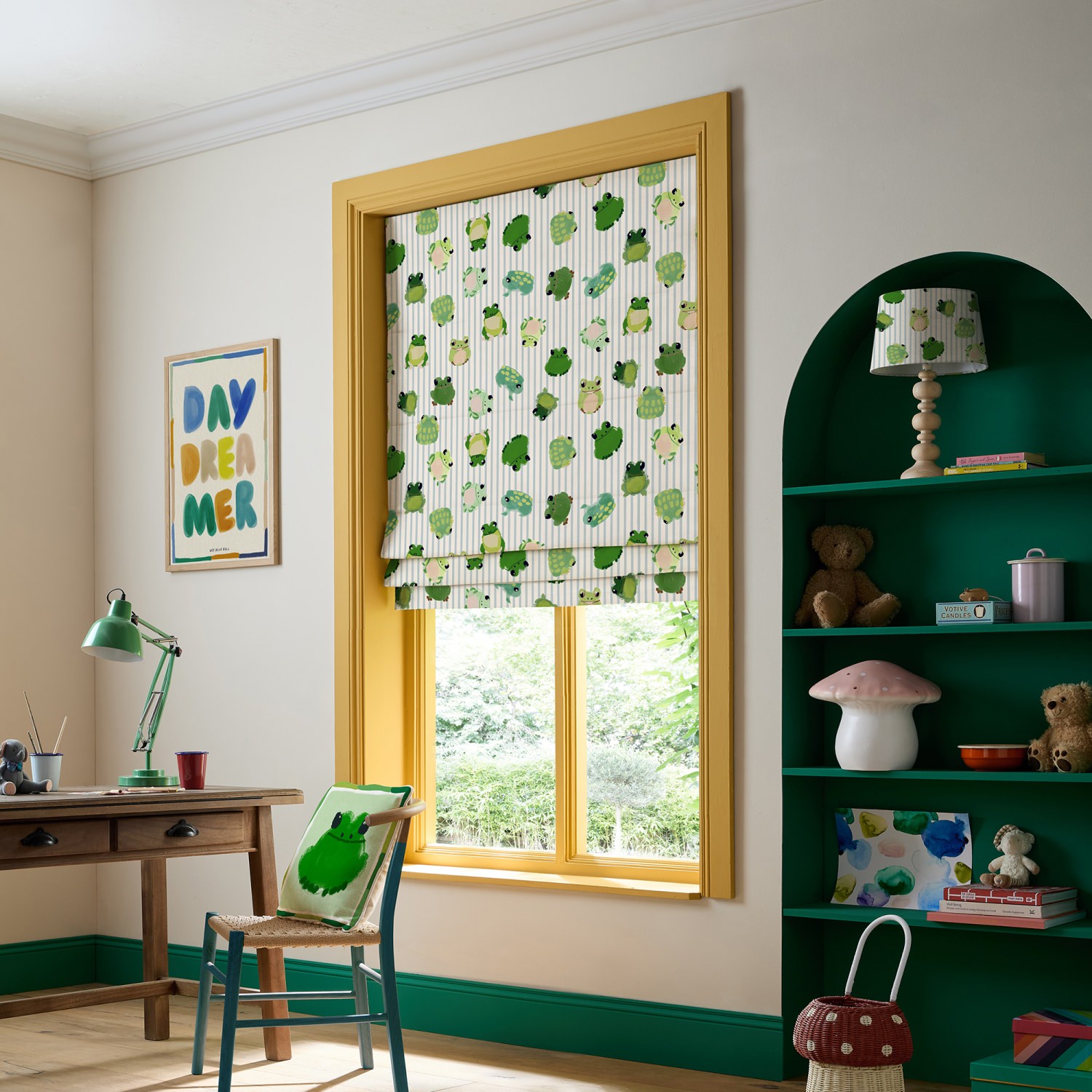 bluebellgrey little frogs pond green animals roman blind