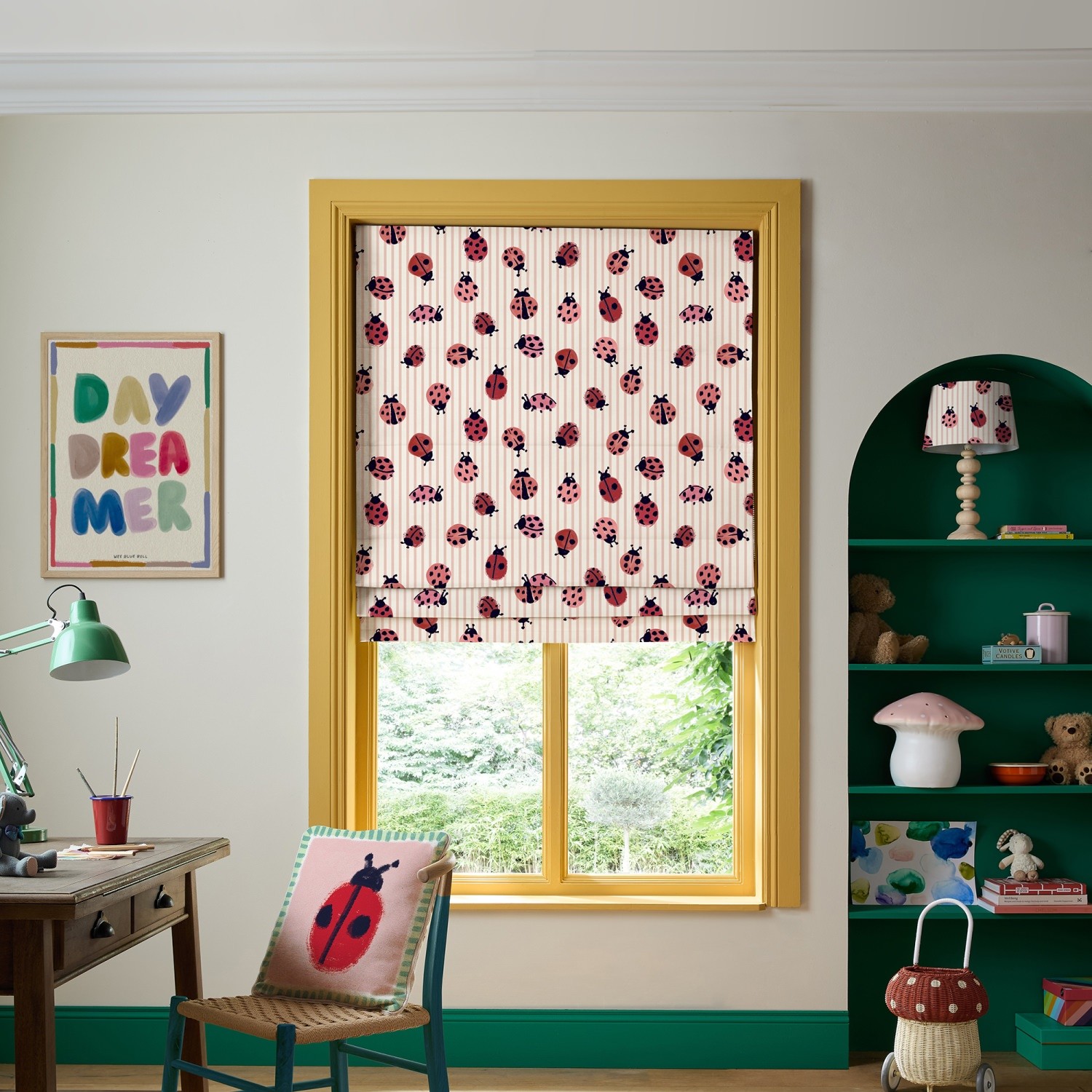 bluebellgrey little ladybirds poppy red animals roman blind