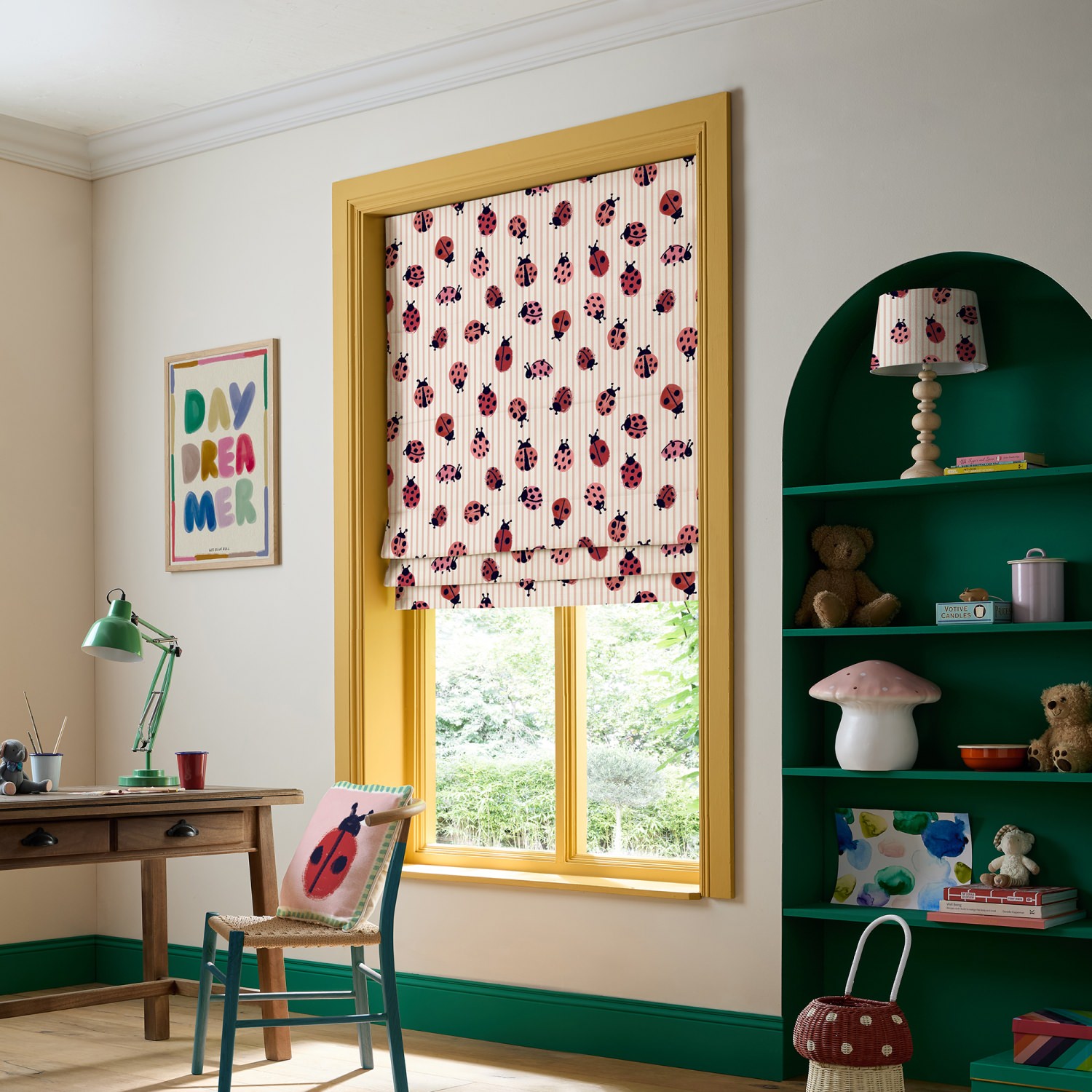 bluebellgrey little ladybirds poppy red animals roman blind