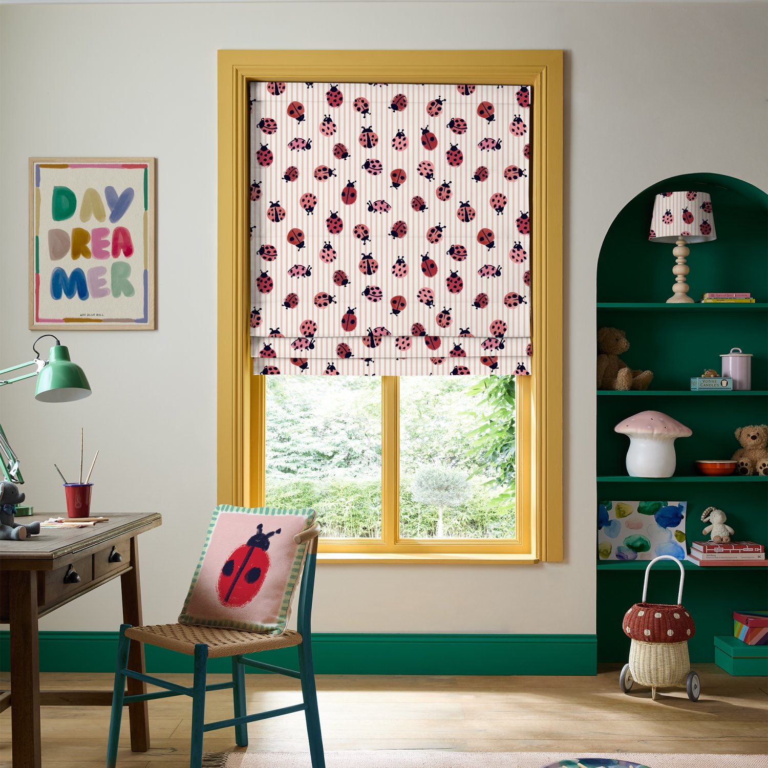 bluebellgrey little ladybirds poppy red animals roman blind