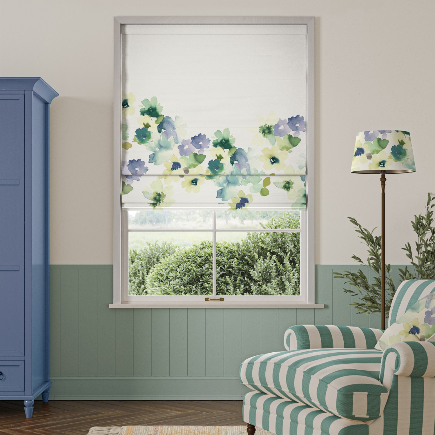 bluebellgrey sanna bay cream floral roman blind