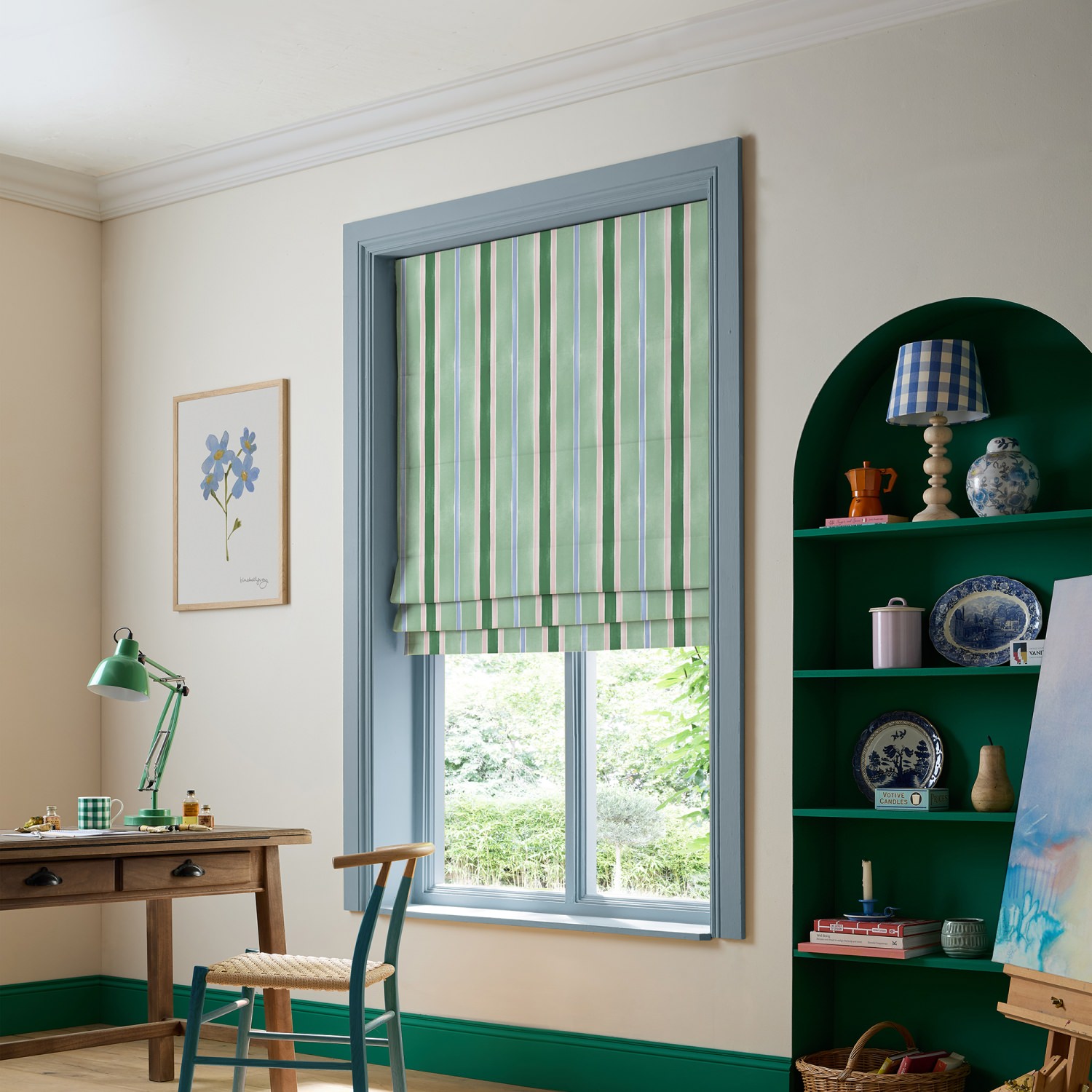 bluebellgrey seaside stripe seaglass green stripes roman blind