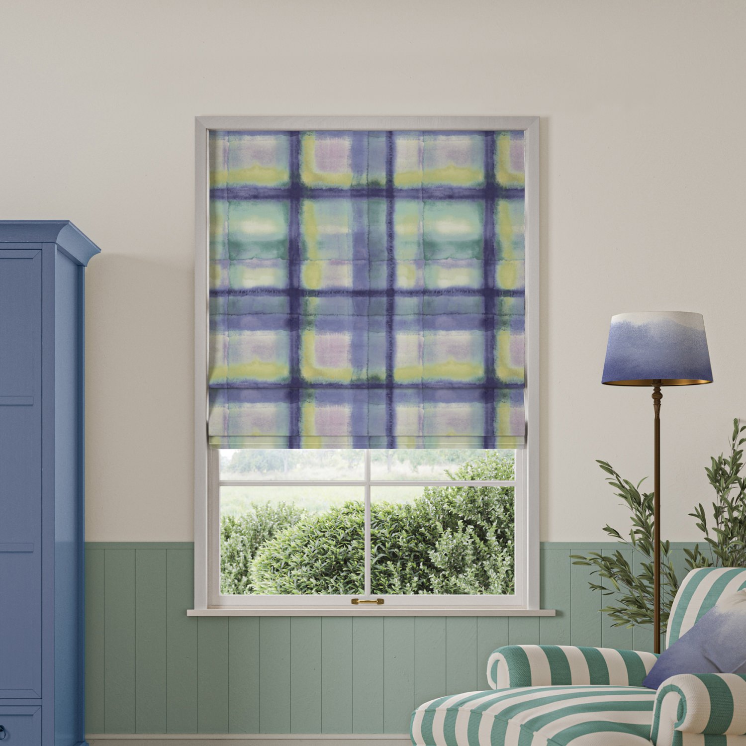 bluebellgrey tartan heather purple check roman blind