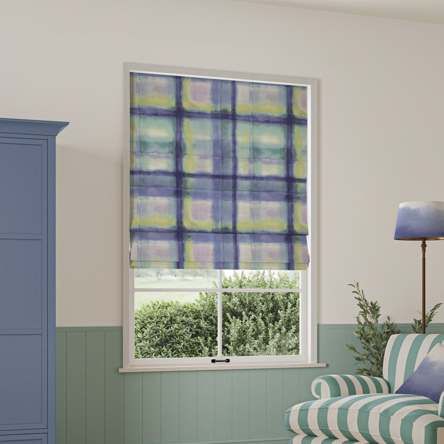 bluebellgrey tartan heather purple check roman blind