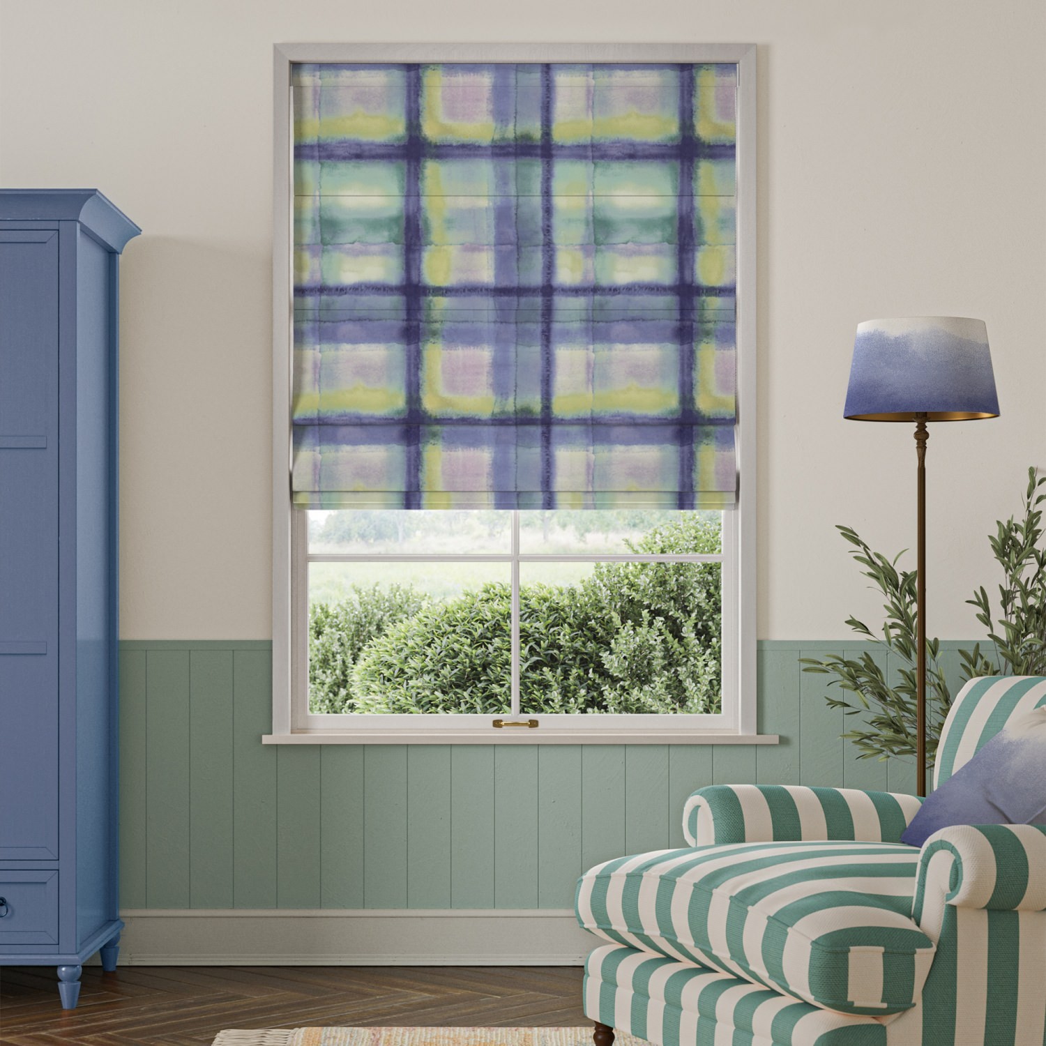 bluebellgrey tartan heather purple check roman blind