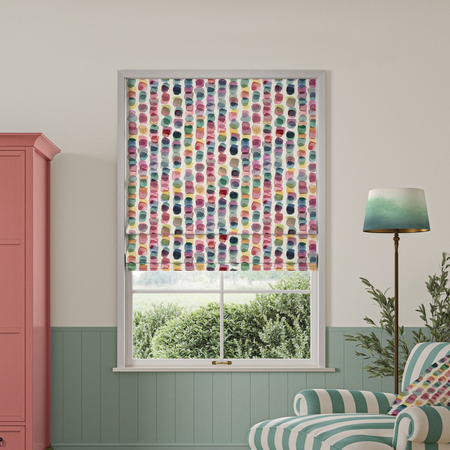 bluebellgrey tobermory green geometric roman blind