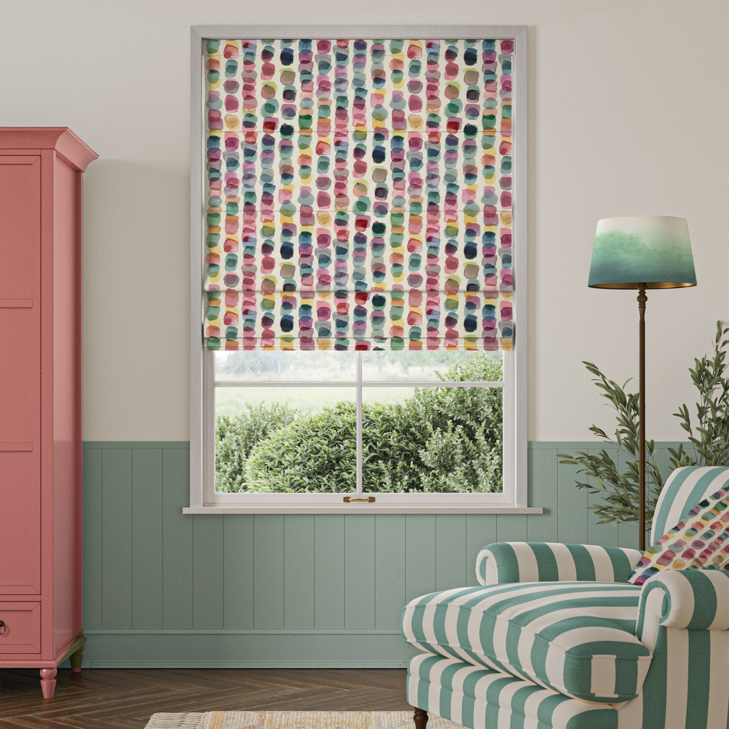 bluebellgrey tobermory green geometric roman blind
