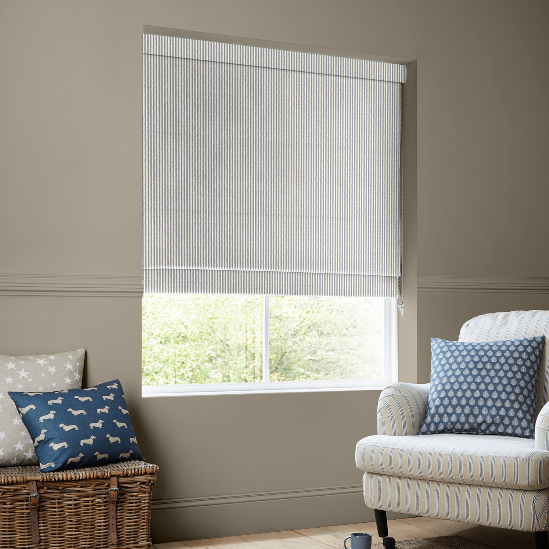 Emily Bond Oscar Stripe Indigo Roman Blind