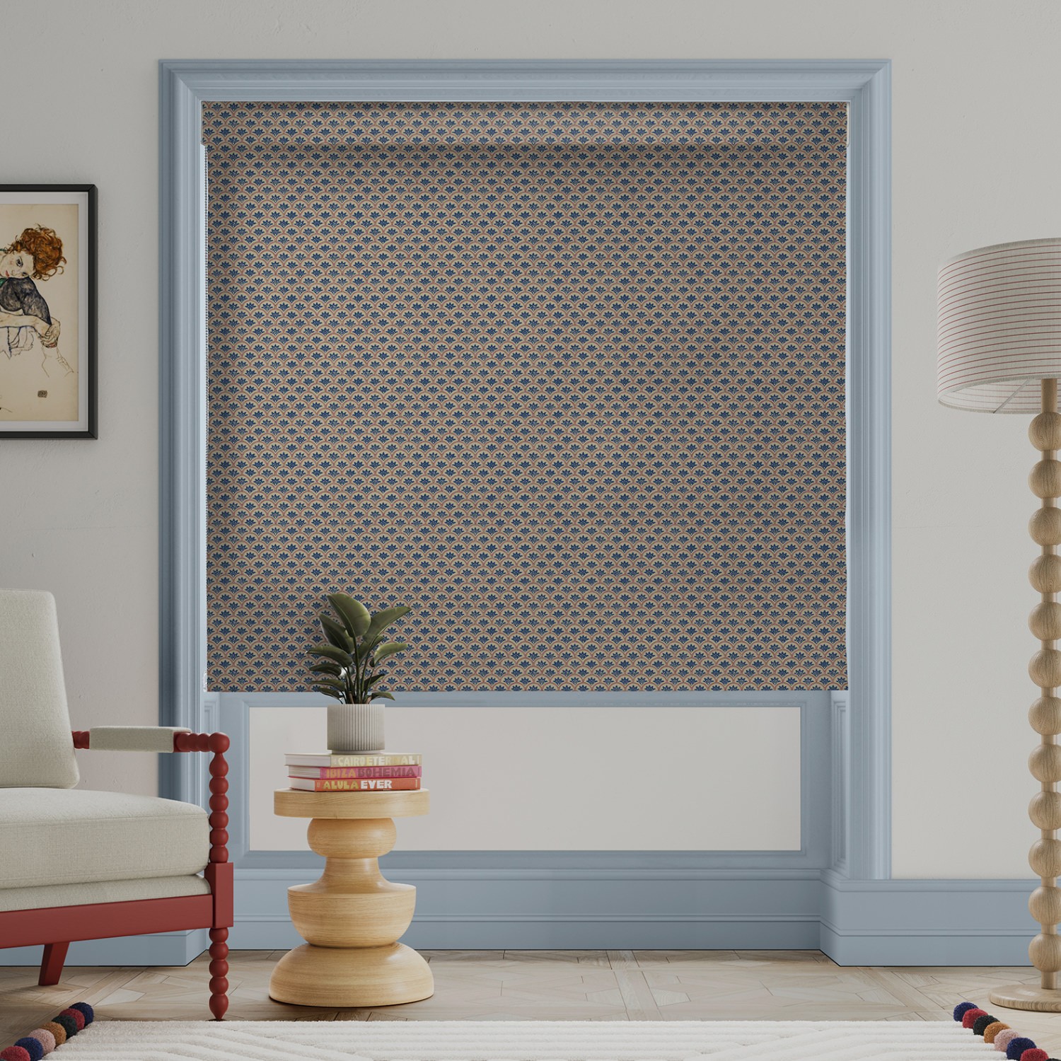 land & shore dawn blue red roman blind