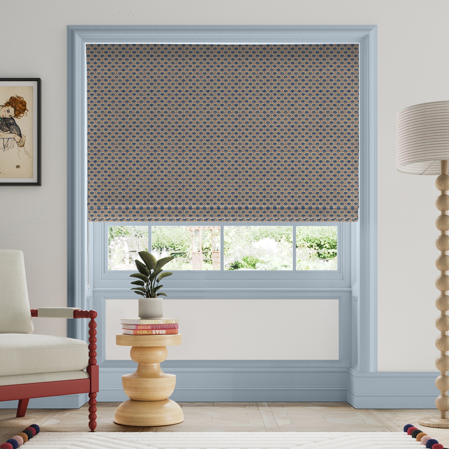 land & shore dawn blue red roman blind