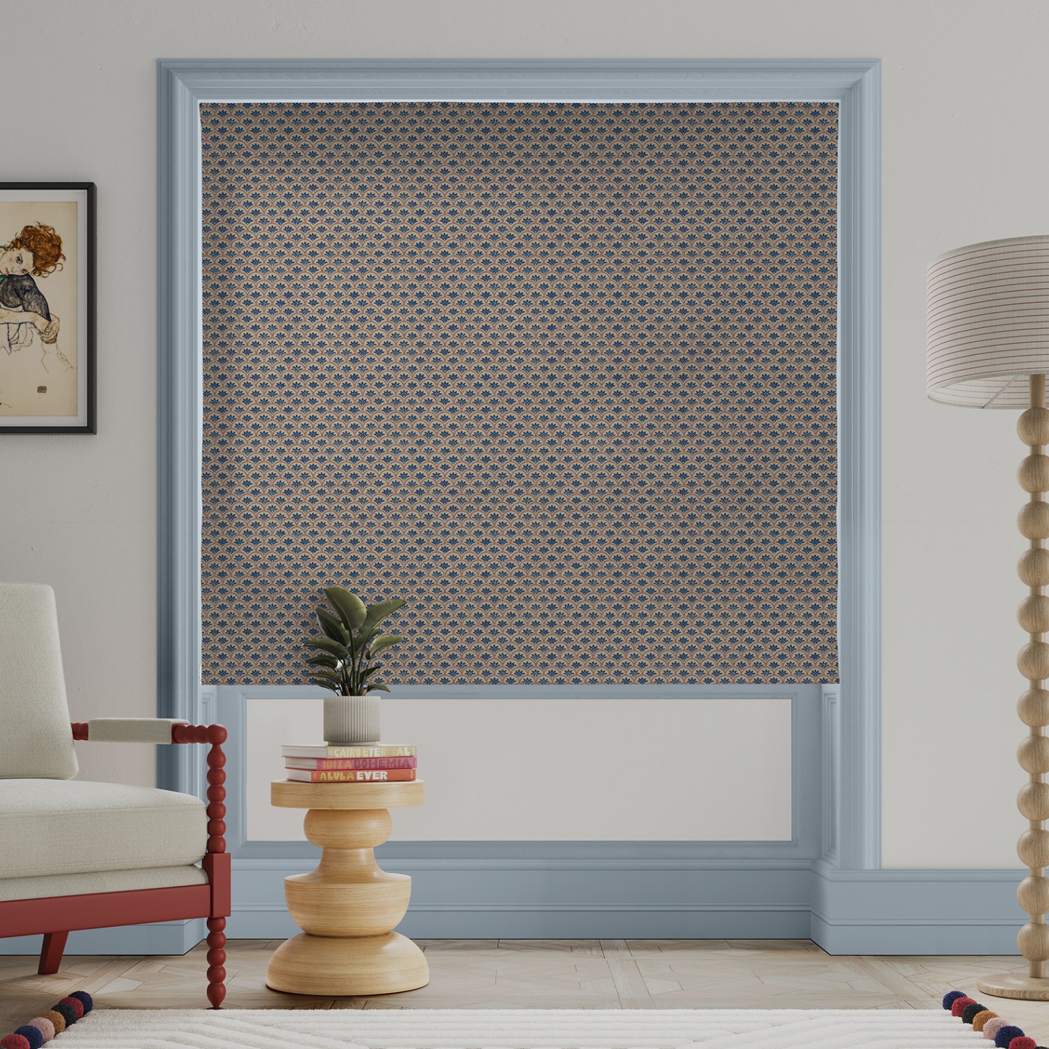 land & shore dawn blue red roman blind