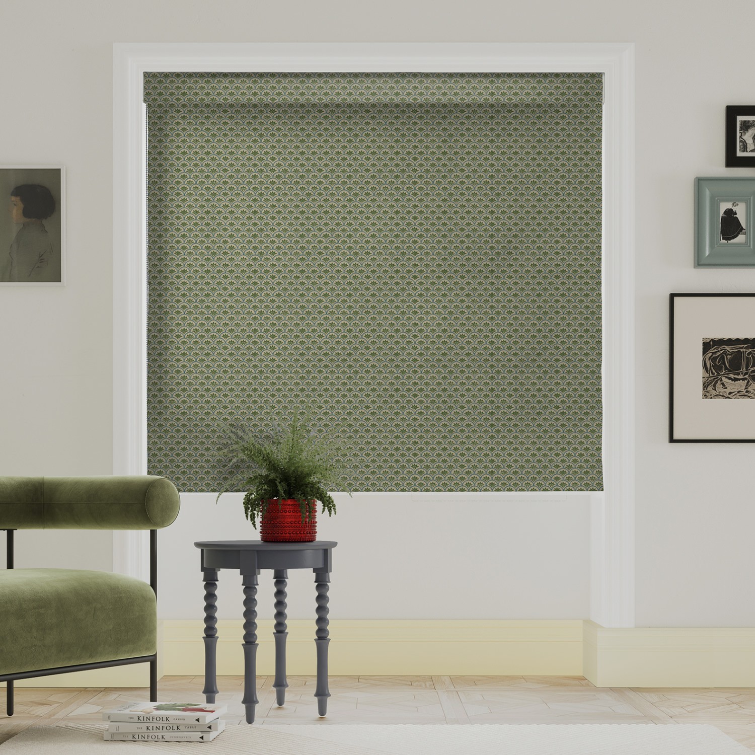 land & shore dawn green roman blind